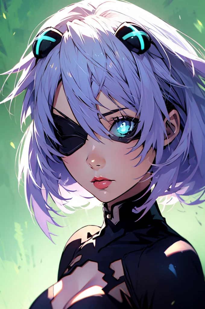 yorha no. 2 type b, 1girl, blindfold, breasts, cleavage, cleavage cutout, clothing cutout, green background, hair between eyes, hairband, highres, juliet sleeves, long sleeves, mole, mole under mouth, nier (series), nier automata, oni gini, puffy sleeves, red lips, shaded face, short hair, solo, turtleneck, upper body, white hair,

