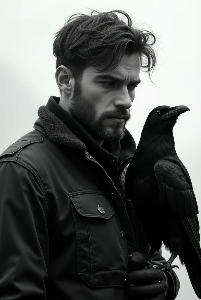 handsome and naked man holding a black raven. Mountains behind of him. Image must be inspired by stories of Edgar Alan Poe. Mistery image. Realistic. Potography.