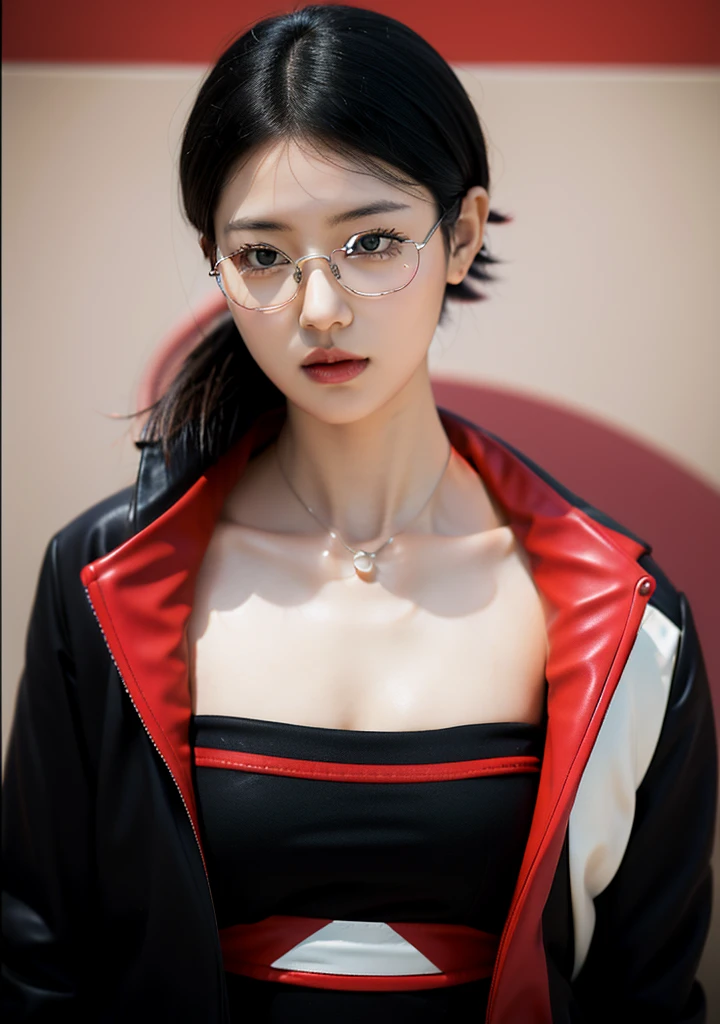 Sarada, black short hair, black tanktop, black jacket, red glasses, black necklace, big breast, rural background