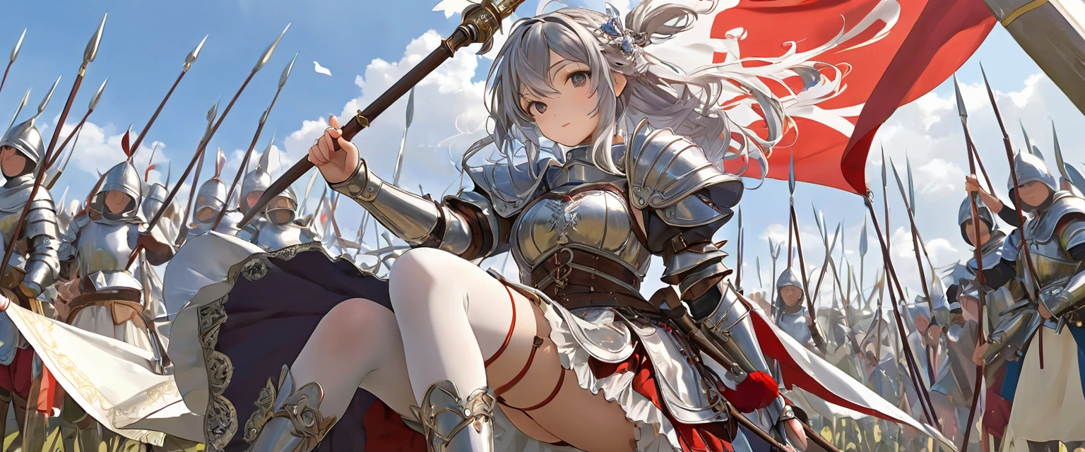 (  Highly detailed CG octane rendering 8K wallpaper with long spears ),   World's Most Beautiful Artwork  ,   Long Spear with a Flag , Complex,   high detail, ８  girl , Silver embroidery,  Medieval Long Cotton Dress （With panniers）, cotton cloth,   raise skirt  , Strong winds, Transparent slip, Translucent Tights  , Peeking from below, Best Quality, Disarray of clothing,   lies down, underwear,   show off your thighs, knight , Skirt lining, Bloomers、Leather Armor、 with a flag attached to a long spear 
