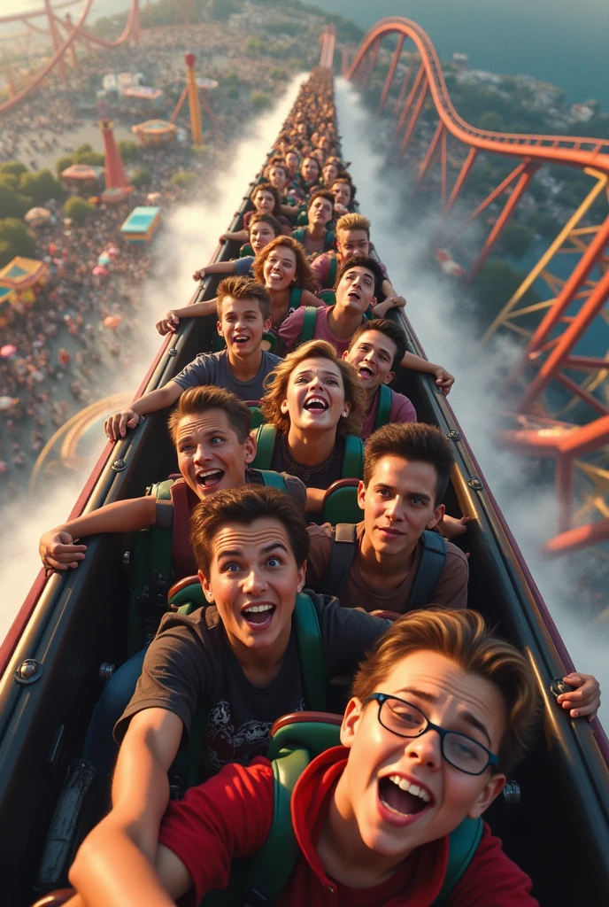 A dozen friends play roller coaster at a large amusement park