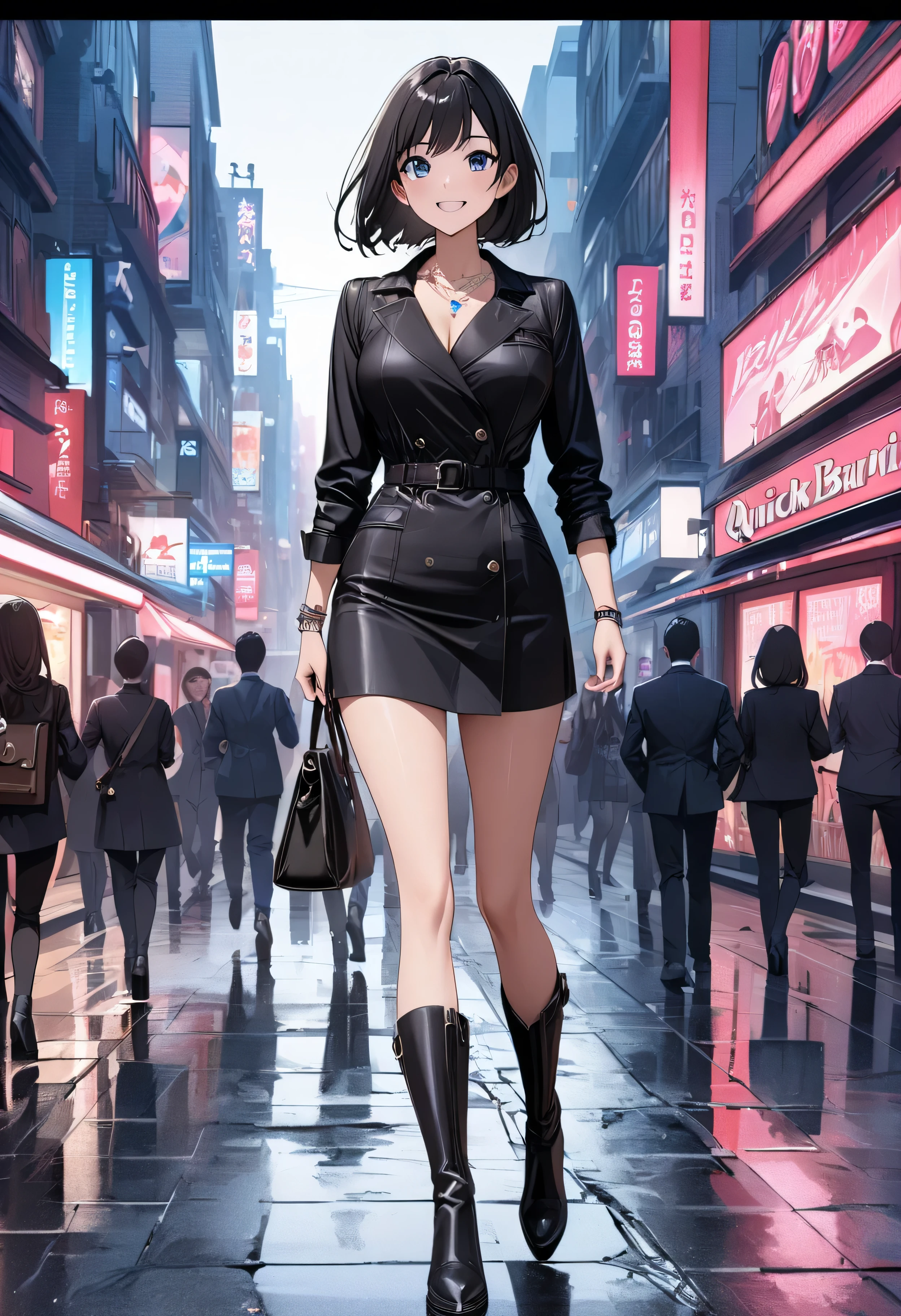 Best Quality、Ultra-precision、Detailed drawing、 vibrant colors、Beautiful girl 、Age 30、Woman walking in the city、Neon Signs、 black business suit 、 Black Stockings 、 high heel boots 、Skin gloss、Beautiful big boobs、Beautiful figure、Quick bob cut、 handbag 、A very ecstatic smile、 slender figure、Accurate depiction、 anime style illustration 、 jewel necklace 、 Bracelets、