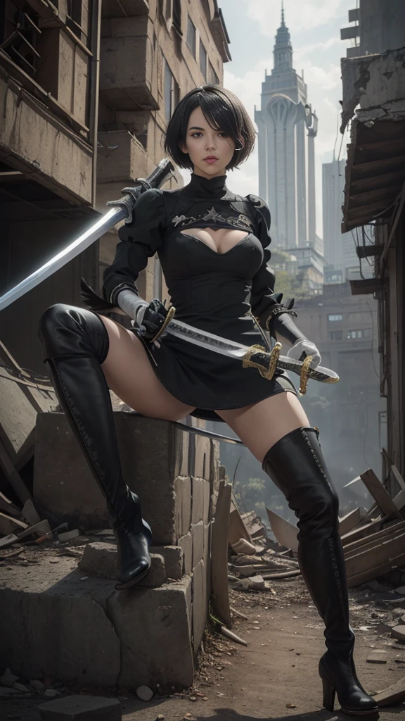 Official art, extremely detailed CG Unity 8k wallpaper, best quality, masterpiece, high resolution, beautiful girl ninja, short hair, black crop top leather armor, brown belt, scabbard on thigh, Japanese sword, leather gloves, black minileather skirt, black over-the-knee flat boots, tight leather suit, leather texture, full body photo, melon face, small face, fell to the ground, killed in battle, corpse, killed