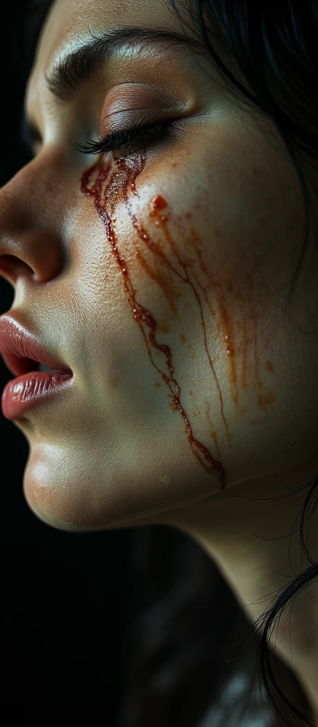 A fat woman tortured, dripping blood from the mouth, bruised face, left black eye, hurted, beaten, tortured, injured, torture scene brutal, getting a punch in the face by a torturer man,