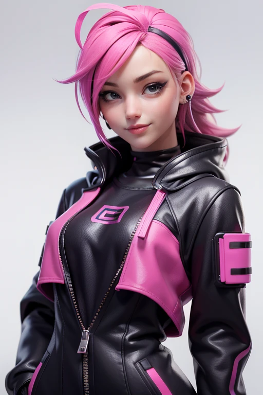 Cute girl with pink hair, black sweatshirt, AuriculAres, cyberpunk, looking at the viewer, hair band,  seductive pose ,  Slim Body Coats,  seductive smile ,  natural lighting ,  ultra resolution ,  plain white background , without patterns, No textures.