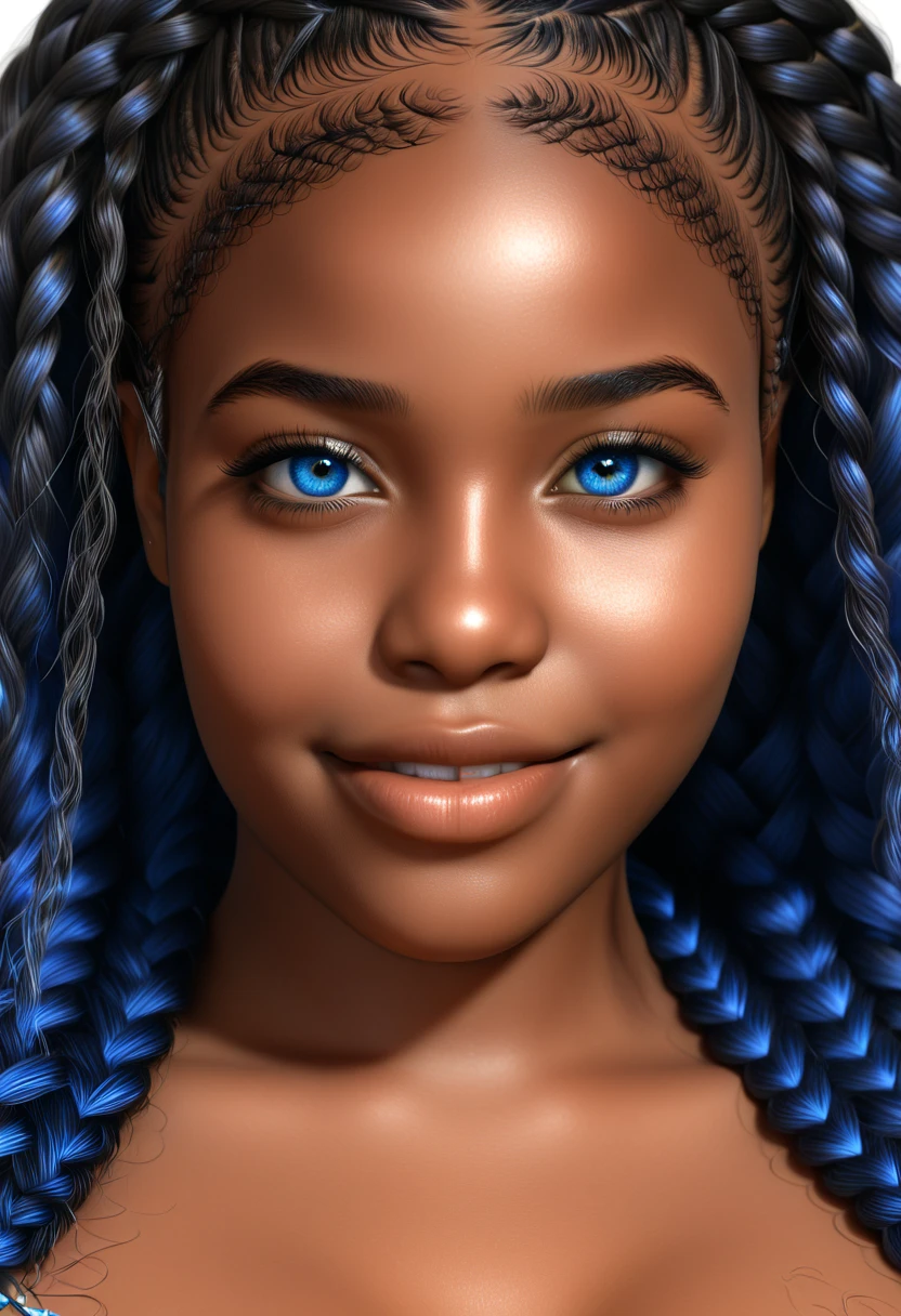 African girl 20 years old, realistic, masterpiece, final detail, photorealistic, intricate detail, octane rendering, 8K, a 20 year old girl of African descent, full body view, perfect face, beautiful face, detailed hair, blue eyes, blue hair, completely without clothes full figure, braided hair, high resolution, long hair of blue and black color, parted lips, smile, alone, glowing skin,