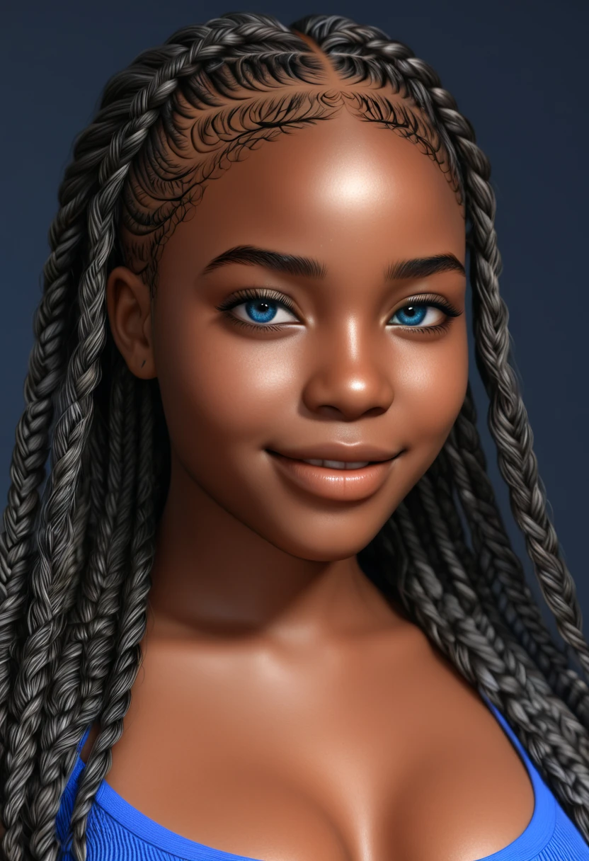 African girl 20 years old, realistic, masterpiece, final detail, photorealistic, intricate detail, octane rendering, 8K, a 20 year old girl of African descent, full body view, perfect face, beautiful face, detailed hair, blue eyes, blue hair, completely without clothes full figure, braided hair, high resolution, long hair of blue and black color, parted lips, smile, alone, glowing skin,