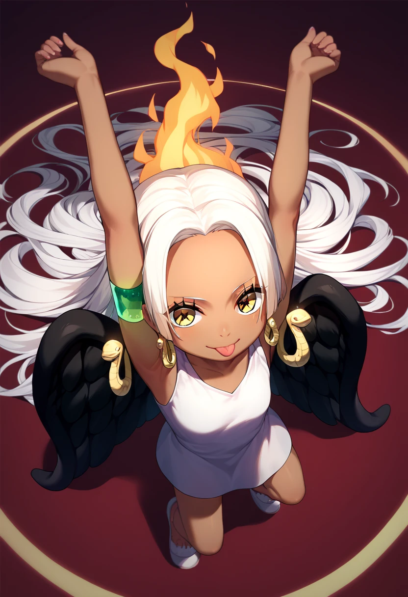 UHD, retina, textured skin, high details, high quality, best quality,  highres icon, 1080P, HD, 16k、1 Girl,Earthsnake , Long Hair, white hair, Brown Skin、,  earrings for a woman alone, Yellow Eyes, symbol-shaped pupils,  black wings  ,  small breasts.  sundress,  white dress,  sleeveless, armlet、 cute、Flames on the back、flat chest、full body、looking up、from above、squatting、 cute、 sexy、Stick one’s tongue out、panties、arms up