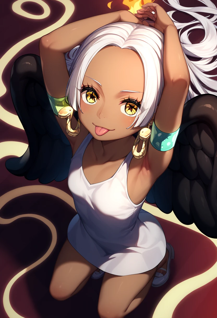 UHD, retina, textured skin, high details, high quality, best quality,  highres icon, 1080P, HD, 16k、1 Girl,Earthsnake , Long Hair, white hair, Brown Skin、,  earrings for a woman alone, Yellow Eyes, symbol-shaped pupils,  black wings  ,  small breasts.  sundress,  white dress,  sleeveless, armlet、 cute、Flames on the back、flat chest、full body、looking up、from above、squatting、 cute、 sexy、Stick one’s tongue out、panties、arms up