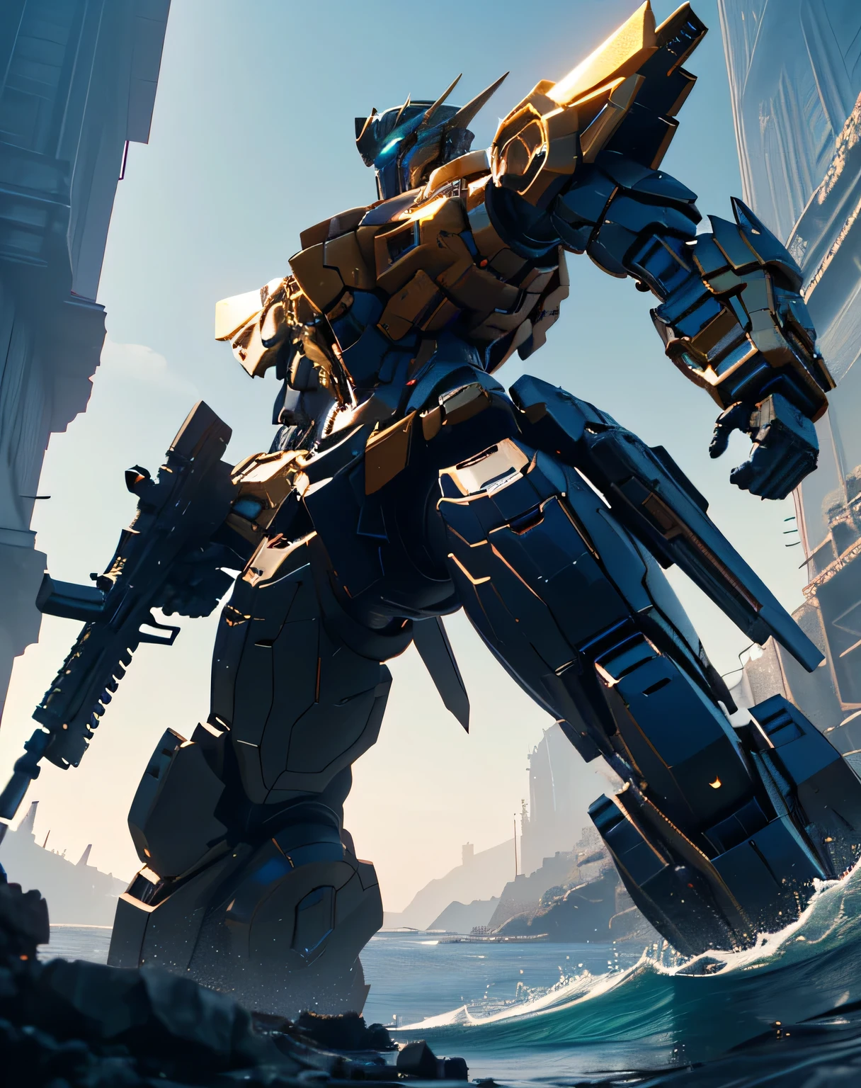 ((masterpiece, Best Quality)), (( dynamic movement,  holding a gun with my arm raised)), (giant golden robot, Blue Chest, angular armor), ( rendered in Unreal Engine 5 , Black Octane Rendering, Super detailed with octane rendering ,  rendered with 8K Unreal Engine ,  rendered with Unreal Engine 6 ,  high detail iconic characters ,   8k octane rendering photorealistic,  Unreal Engine 5 Render ,  rendered in Unreal Engine 5 , Detailed images, Ultra-precision), metallic, My eyes are glowing green, ((sea, Wave, Lots of water splashes: 1.5, Multiple spherical flying objects )), (from below: 2.0, side view: 2.0), EdobLandscapeAlpha, (32K,  Ultra High Definition), Nijimecha, Symmetrical head , (view from front),  don't look at me, ((absract art)), I'm holding a huge gun, I'm sticking my head out of the water 