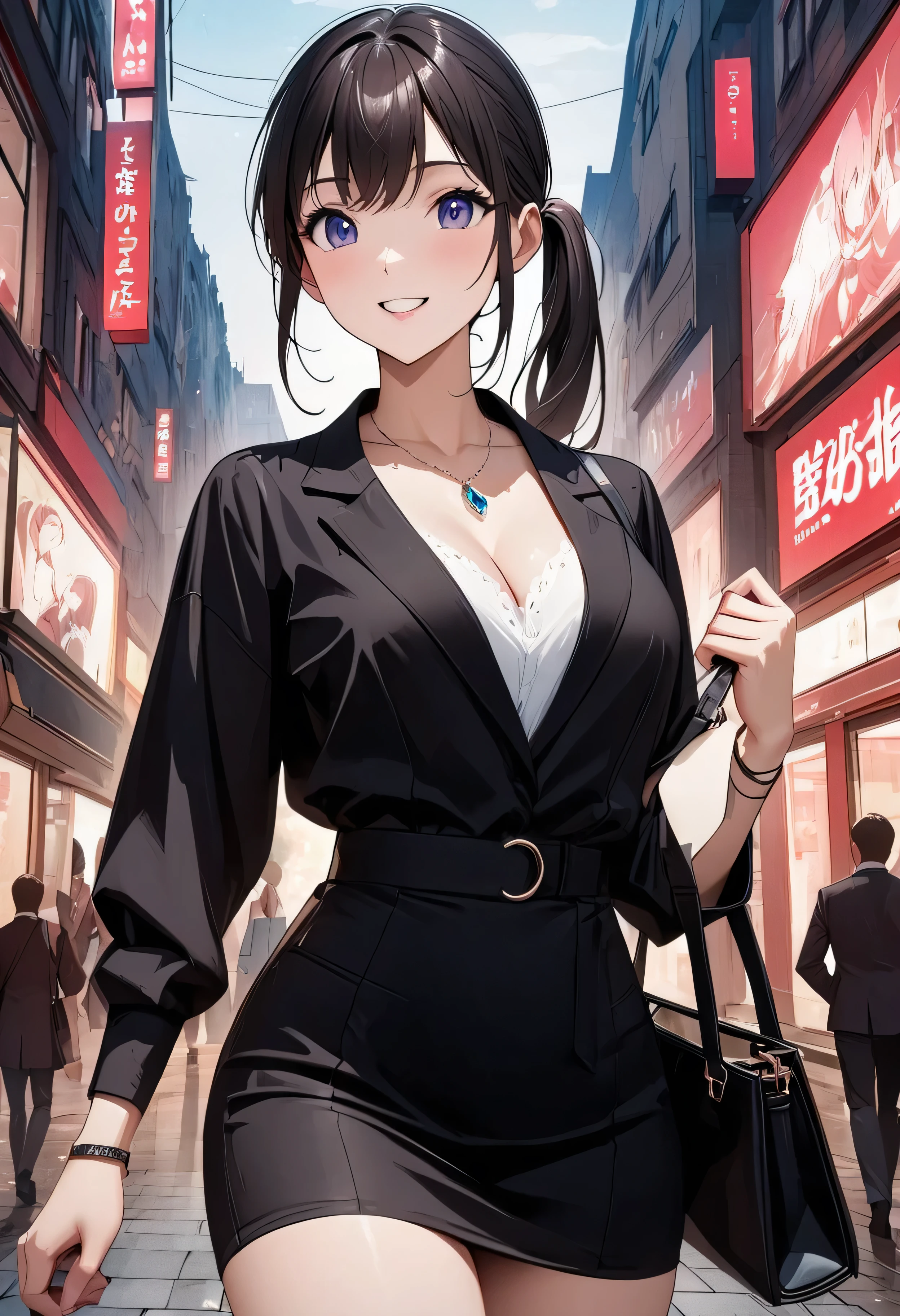 Best Quality、Ultra-precision、Detailed drawing、 vibrant colors、Beautiful girl 、Age 30、Woman walking in the city、 black business suit 、 mini skirt、You can see inside her skirt、blouse、Skin gloss、Beautiful big boobs、Beautiful figure、 ponytails、 handbag 、A very ecstatic smile、 slender figure、Accurate depiction、 anime style illustration 、 jewel necklace 、 Bracelets、