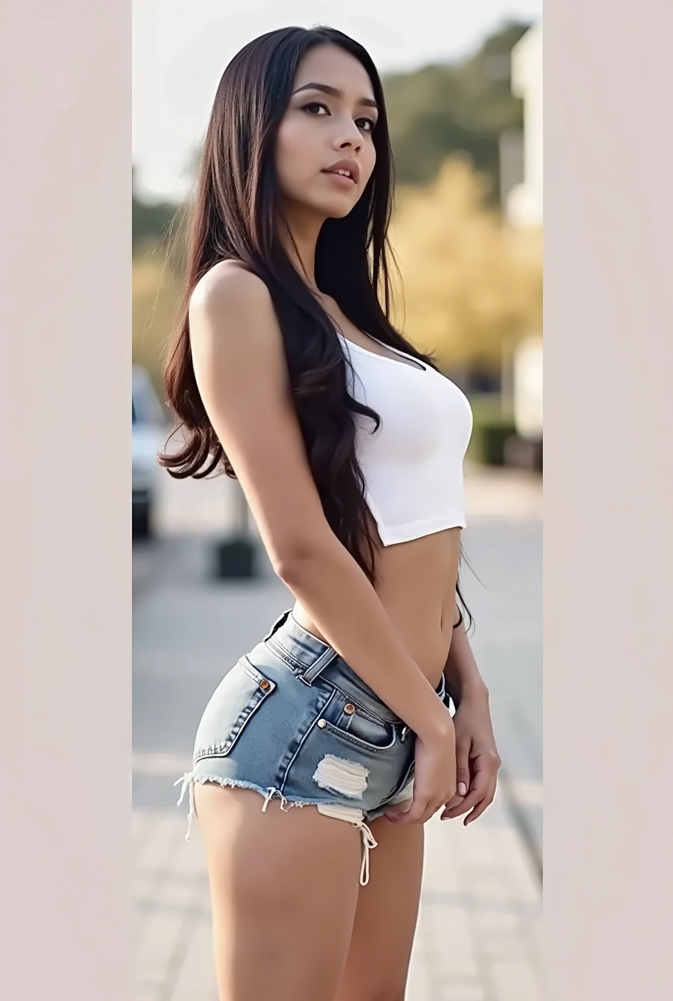 '(lifelike, high - resolution:1.3), 1 Indian girl with a perfect body, Super fine face and eyes,slong hair, small mini skirt ,small blouse, showing big boob and tits,Expose cleavage, fullbody ,spreading legs,big butt, street background,