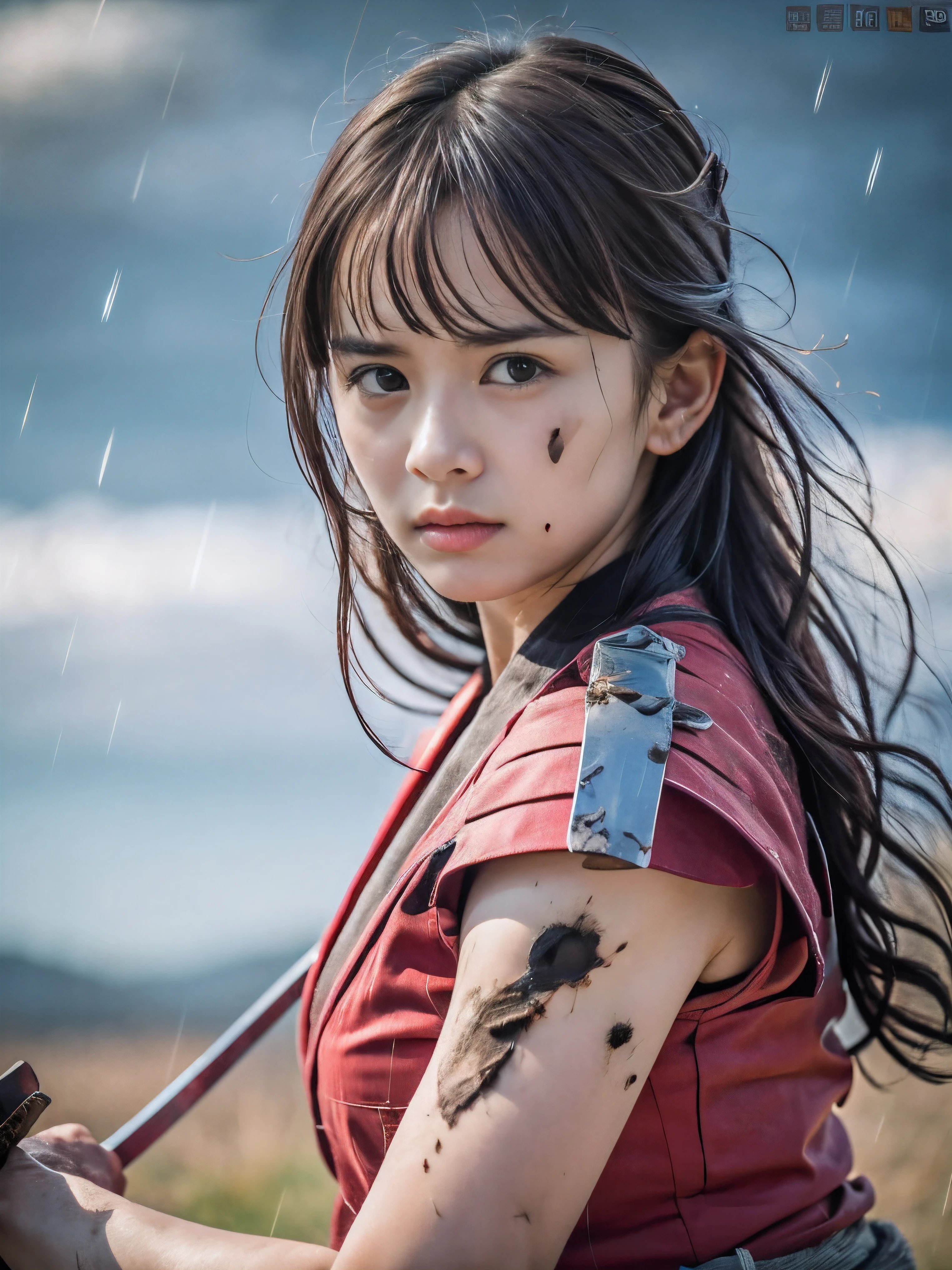 (Close up portrait of one slender small breasts red brown wavy long hair with dull bangs girl in a red colored dirty bloody samurai armor in Japan at raining:1.5)、(One girl makes fighting pose and hold Japanese traditional white blade sword on hand under the raining sky on the grassland in old Japan with crying dirty bloody face:1.5)、(Heavy raining dark sky:1.5)、(blurred background:1.5)、(Natural light:1.5)、(8k ultra detailed master piece:1.5)、(perfect anatomy:1.5)、(Photorealistic stick:1.5)、(Raw photo:1.3)、(highest quality:1.5)、(High resolution:1.3)、(Delicate and beautiful perfect face:1.3)、(Delicate and beautiful eye air skin:1.3)、(Real Human Skin:1.3)、((thin legs))