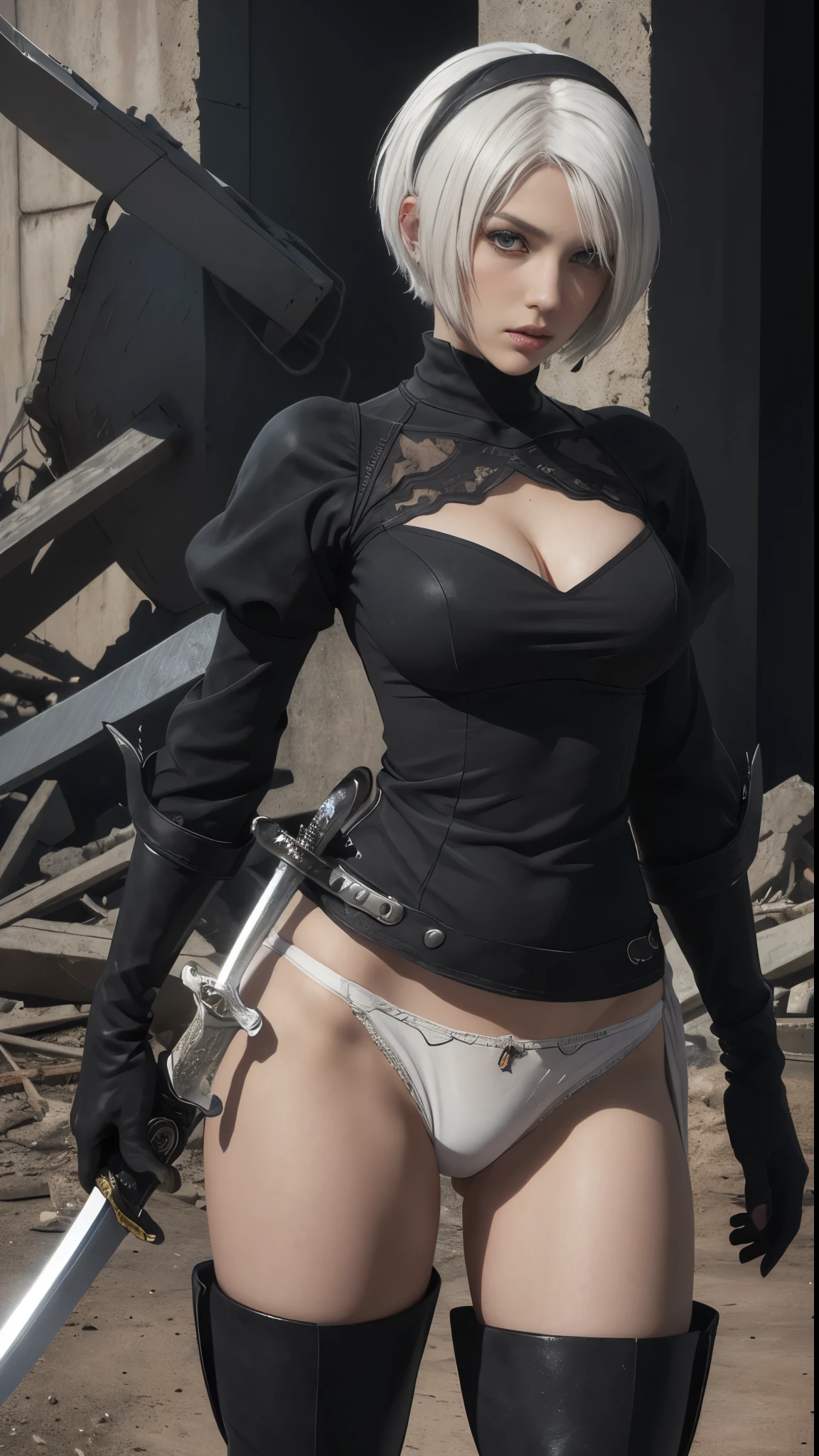 photorealistic, high resolution, 1 girl, hips up, beautiful eyes, white short hair, hm2b, mole under mouth, clothing cutout, long sleeves, puffy sleeves, juliet sleeves, feather trim, black thighhighs, black gloves, black dress, black skirt
