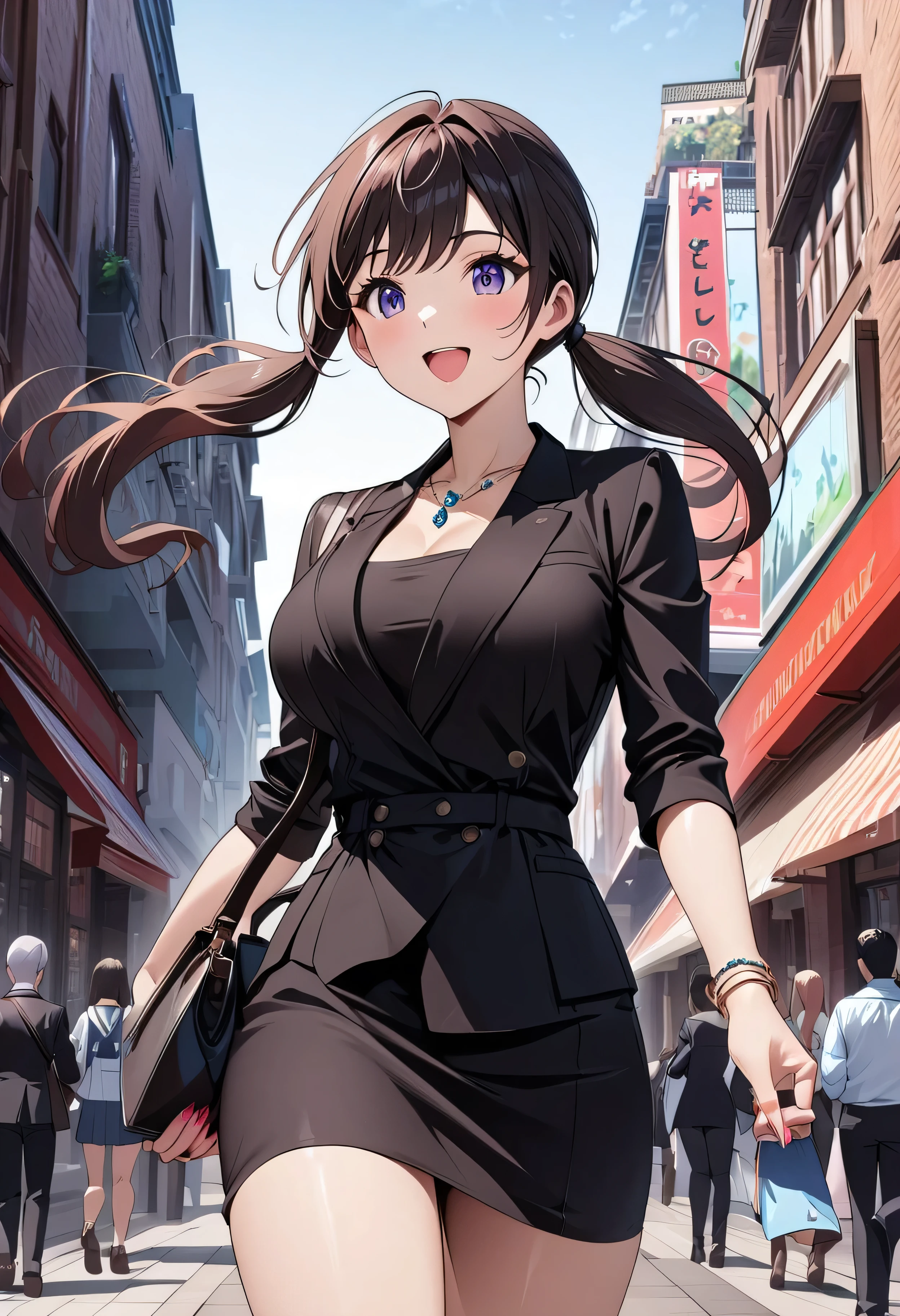 Best Quality、Ultra-precision、Detailed drawing、 vibrant colors、Beautiful girl 、Age 30、Woman walking in the city、Rear view、 black business suit 、blouse、Skin gloss、Beautiful big boobs、Beautiful figure、 ponytails、 handbag 、A very ecstatic smile、 slender figure、Accurate depiction、 anime style illustration 、 jewel necklace 、 Bracelets、
