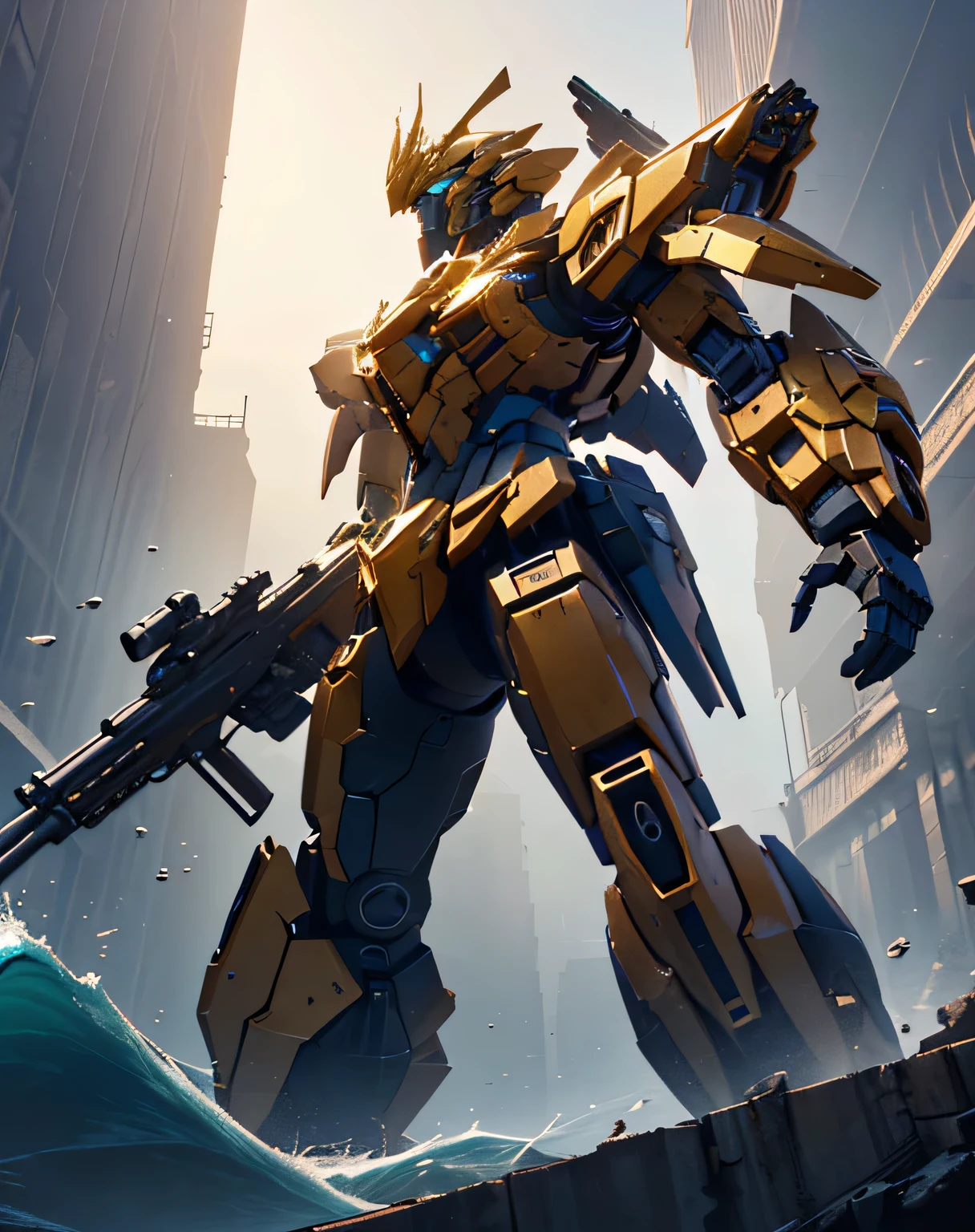 ((masterpiece, Best Quality)), (( dynamic movement, I'm holding a gun with my arm raised)), (Giant Golden Robot , Blue Chest, angular armor), ( rendered in Unreal Engine 5 , Black Octane Rendering, Super detailed with octane rendering ,  rendered with 8K Unreal Engine ,  rendered with Unreal Engine 6 ,  high detail iconic characters ,   8k octane rendering photorealistic,  Unreal Engine 5 Render ,  rendered in Unreal Engine 5 , Detailed images, Ultra-precision), metallic, My eyes are glowing green, ((sea, Wave, Lots of water splashes: 1.5, Multiple spherical flying objects )), (from below: 2.0, side view: 2.0), EdobLandscapeAlpha, (32K,  Ultra High Definition), Nijimecha, Symmetrical head , (view from front),  Don't look at me, ((absract art)), I'm holding a huge gun, (( sticks only its head out of the sea))