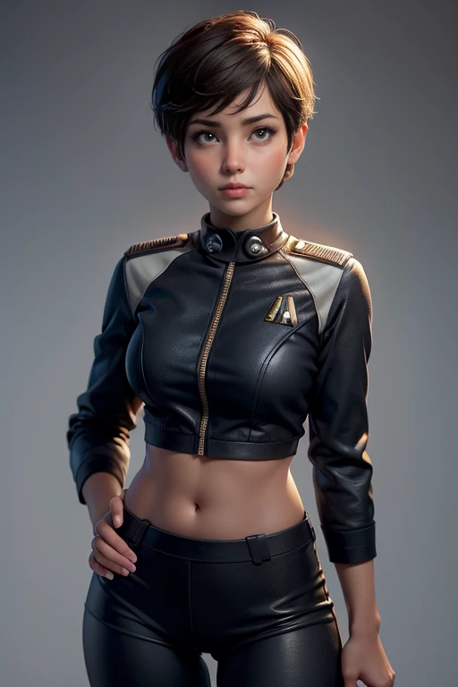 Female crew member of the USS Enterprise from Star Trek,  short hair , brown eyes, Confident and determined , firm stance,  safe expression,  natural lighting ,  ultra resolution ,  plain white background , without patterns, No textures.