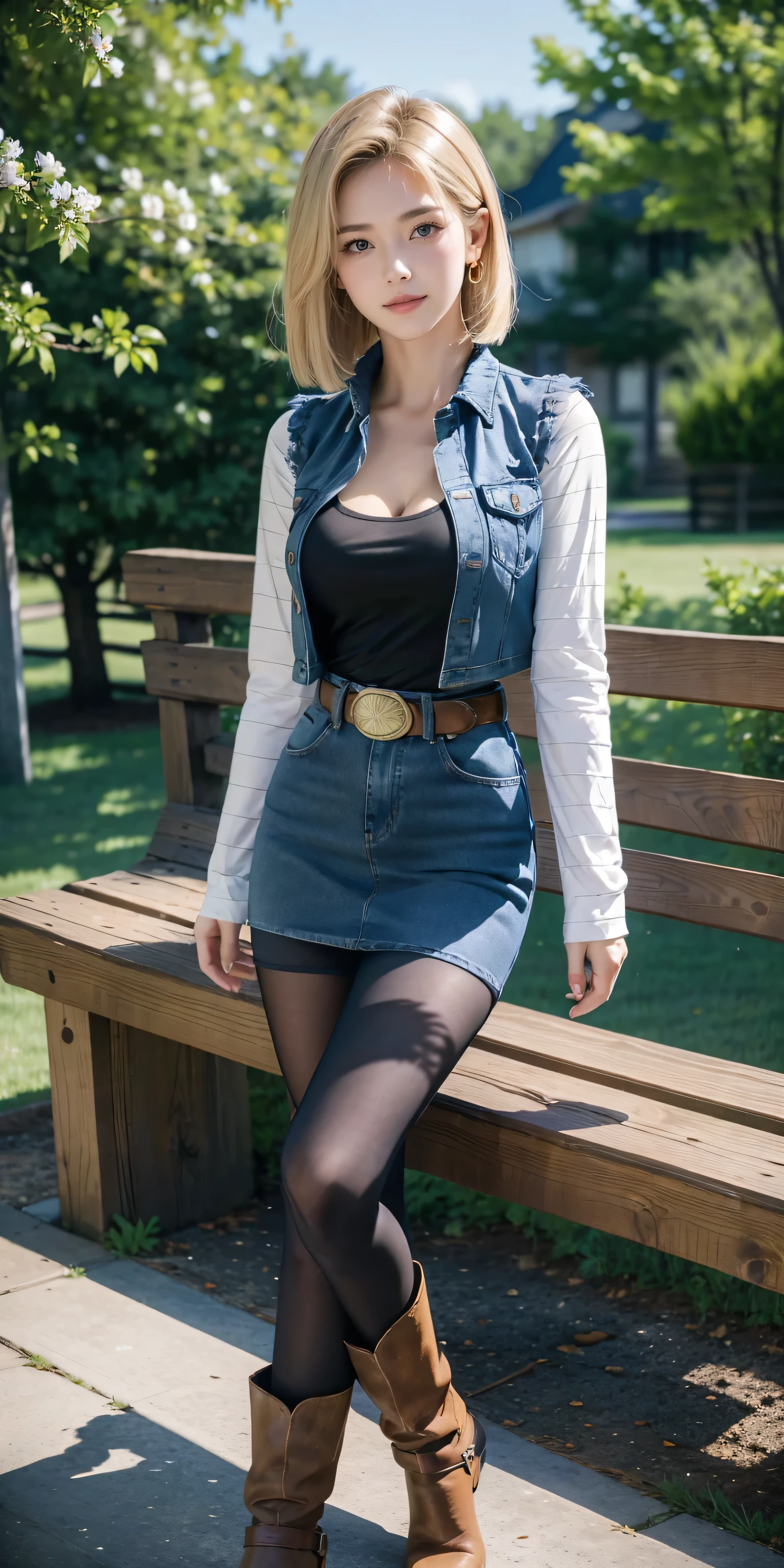 Android 18, Light Blonde hair, Medium Bob hair, Blue eyes, Wearing earrings, Long sleeves with black stripes on a white background, Blue denim mini vest, Blue denim mini skirt, The denim skirt's zipper seam line and stitching run vertically straight to the bottom of the skirt. , Open-chested denim vest, Black T-shirt with high cleavage, Large breasts, Women's Western Cowgirl Belt, Dark brown see-through pantyhose, Western short boots, Looking at viewer, Her whole body is visible on the screen, Her entire body is visible on the screen, from her head to her boots, On a bench, Slight smiling with closed lips standing next to bench , Blue sky, , outside, park, grass, Summer, trees, blue sky, high quality, masterpiece,