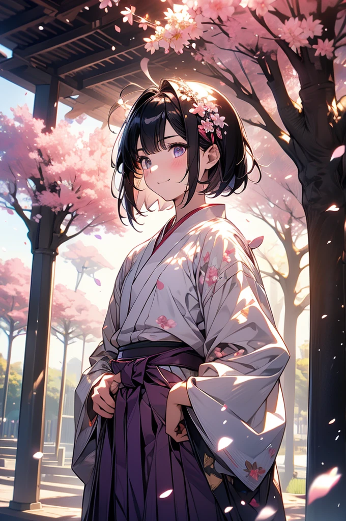 sfw,最高masterpiece,Best Quality,  Hi-Res, OFFICIAL ART, Advertising Photos,masterpiece,(1 person:2.0),  Neutral Male ,Dress neatly,(7 heads), Black Hair ,( short bob cut hair), flat chest,(Cherry blossom pattern furuncle ),(Purple Hakama, beautiful gradation hakama),Maxi length hakama , obi shaped like a flower,pink belt ,Cherry blossom trees,standing,smile, soft writing,Hair accessories