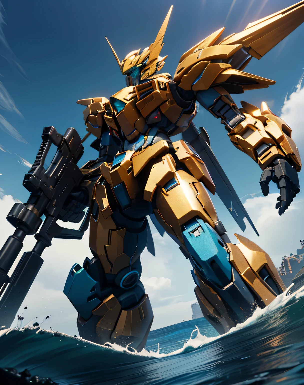 ((seaを割って現れる)), ((masterpiece, Best Quality)), (( dynamic movement,  holding a gun with raised arms)), (giant golden robot, Blue Chest, angular armor), ( rendered in Unreal Engine 5 , Black Octane Rendering, Super detailed with octane rendering ,  rendered with 8K Unreal Engine ,  rendered with Unreal Engine 6 ,  high detail iconic characters ,   8k octane rendering photorealistic,  Unreal Engine 5 Render ,  rendered in Unreal Engine 5 , Detailed images, Ultra-precision), metallic, My eyes are glowing green, ((sea, Wave, Lots of water splashes: 1.5, Multiple spherical flying objects )), (from below: 2.0, side view: 2.0), EdobLandscapeAlpha, (32K,  Ultra High Definition), Nijimecha, Symmetrical head , (view from front),  don't look at me, ((absract art)), I'm holding a huge gun