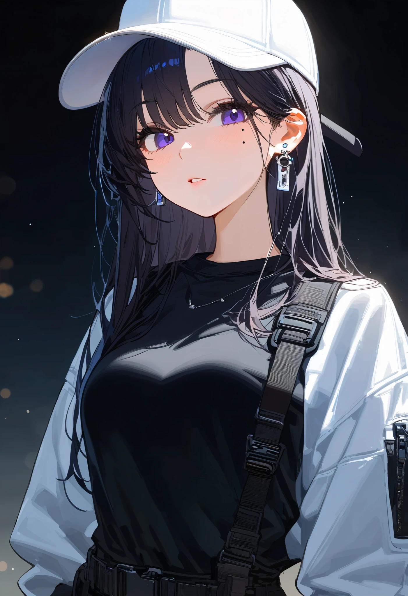 (masterpiece, best quality:1.2), 1 girl, alone, looking at viewers, black long straight hair, earrings, wearing white baseball cap, mole under left eye, techwear, blackwear