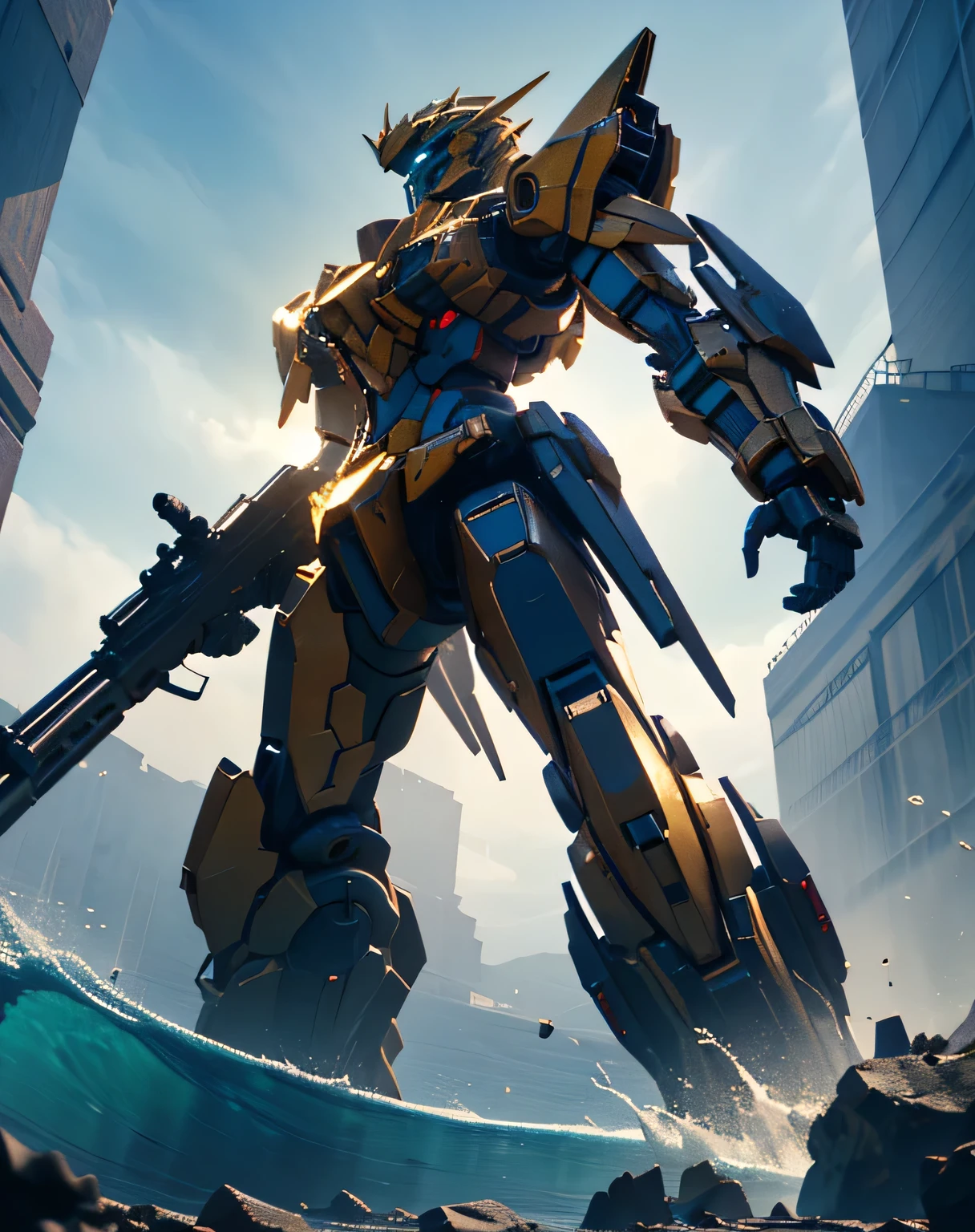 ((seaを割って現れる)), ((masterpiece, Best Quality)), (( dynamic movement,  holding a gun with raised arms)), (giant golden robot, Blue Chest, angular armor), ( rendered in Unreal Engine 5 , Black Octane Rendering, Super detailed with octane rendering ,  rendered with 8K Unreal Engine ,  rendered with Unreal Engine 6 ,  high detail iconic characters ,   8k octane rendering photorealistic,  Unreal Engine 5 Render ,  rendered in Unreal Engine 5 , Detailed images, Ultra-precision), metallic, My eyes are glowing green, ((sea, Wave, Lots of water splashes: 1.5, Multiple spherical flying objects )), (from below: 2.0, side view: 2.0), EdobLandscapeAlpha, (32K,  Ultra High Definition), Nijimecha, Symmetrical head , (view from front),  don't look at me, ((absract art)), I'm holding a huge gun