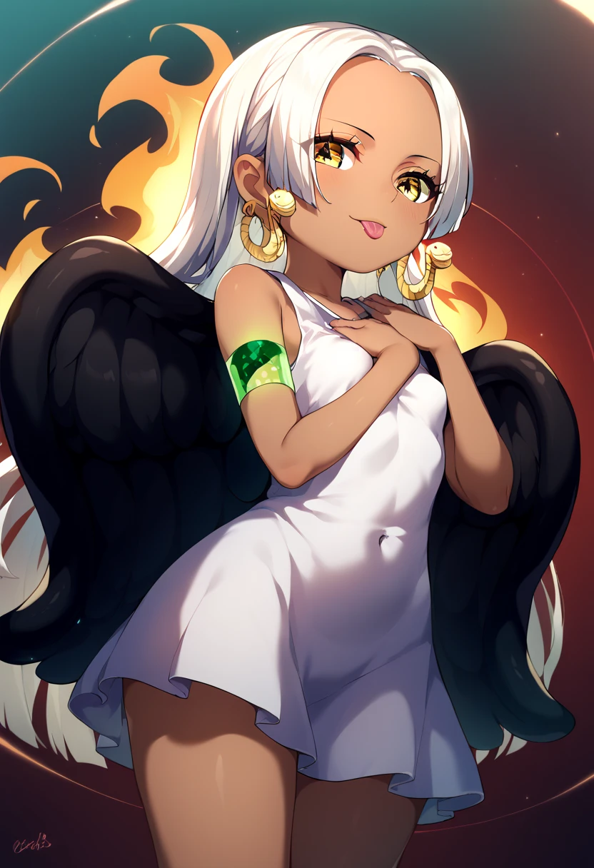 UHD, retina, textured skin, high details, high quality, best quality,  highres icon, 1080P, HD, 16k、1 Girl,Earthsnake , Long Hair, white hair, Brown Skin、,  earrings for a woman alone, Yellow Eyes, symbol-shaped pupils,  black wings  ,  small breasts.  sundress,  white dress,  sleeveless, armlet、 cute、Flames on the back、flat chest、from below、looking down、squatting、 cute、 sexy、Stick one’s tongue out、hold own breasts