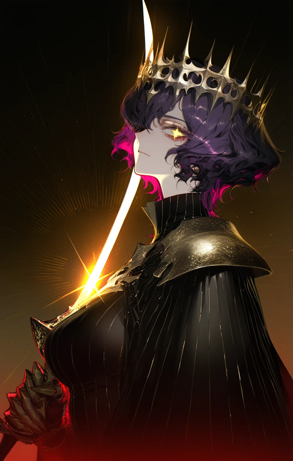 au (d elete), rella, liduke, pigeon666, reoen,
1girl, mature female, tall female, dark purple hair, short hair, wavy hair, yellow eyes, thick eyelashes, + +, tsurime, glowing eyes, medium breasts, expressionless, high collar, black golden robe, pauldrons, gauntlets, armor, sharp crown, holy magic, glowing magic, holding holy staff, holy sword, holding sword, sword at front, sword over face, sword over one eye,
looking at viewer, face focus, upper body, from side,
backlighting, cinematic lighting, lens flare, dark red theme, dark background, chromatic aberration,
star \(symbol\) background, shining halo background,, masterpiece, best quality, amazing quality, very aesthetic, absurdres, best quality, newest,