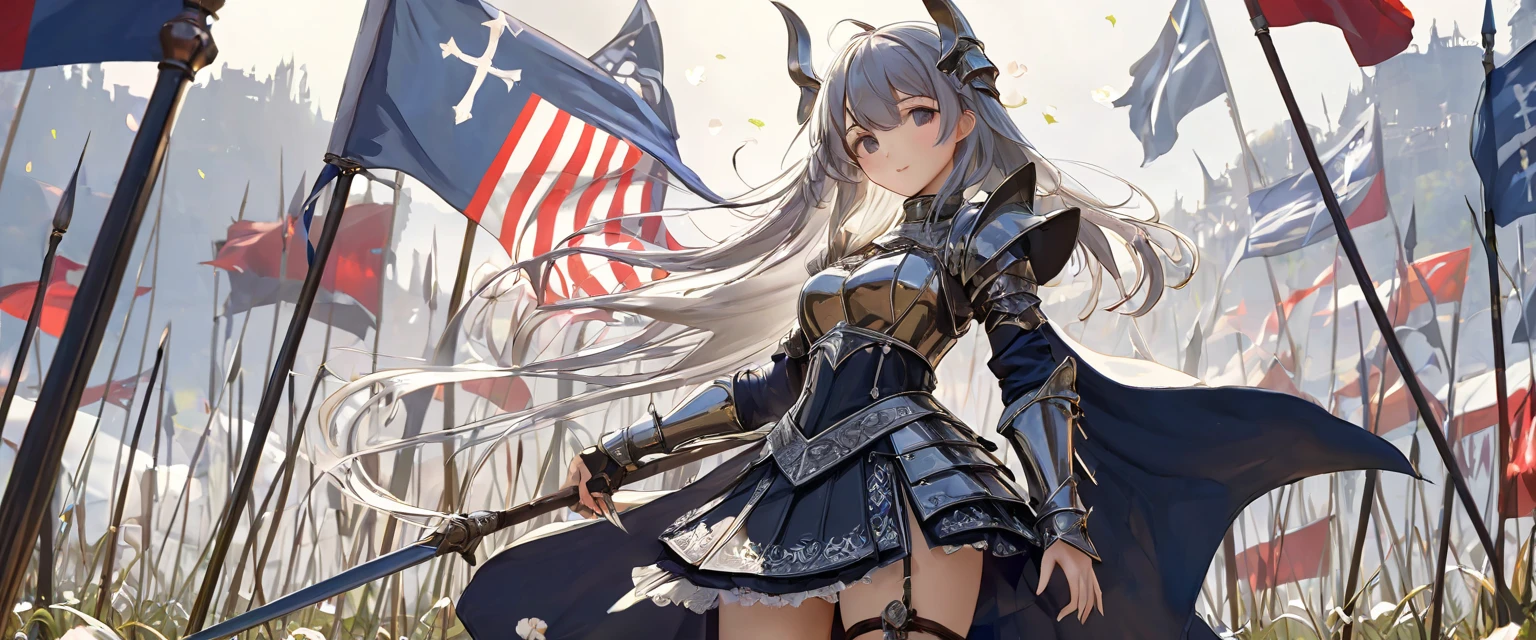 (  Highly detailed CG octane rendering 8K wallpaper with long spears ),   World's Most Beautiful Artwork  ,   Long Spear with a Flag , Complex,   high detail, ８  girl , Silver embroidery,  Medieval Long Cotton Dress （With panniers）, cotton cloth,   raise skirt  , Strong winds, Transparent slip, Translucent Tights  , Peeking from below, Best Quality, Disarray of clothing,   lies down, underwear,   show off your thighs, knight , Skirt lining, Bloomers、Leather Armor、 with a flag attached to a long spear 
