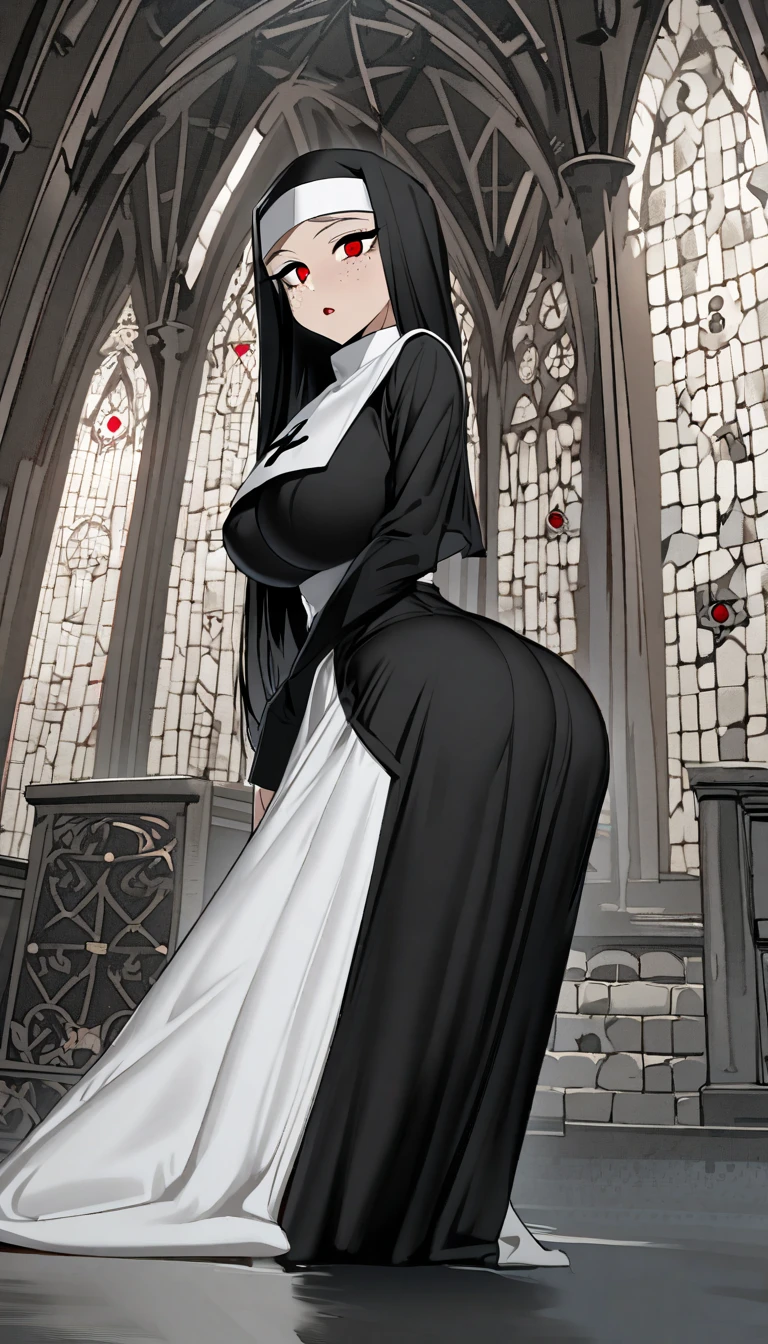  one woman,Black Hair,long hair,Hair tips that bounce outward, Red Eyes,Sanpaku,bags under eyes,Freckles,  looks bad,shark mouth, Huge, Saggy Breasts ,Big Ass,nun,wimple,Shoulder blades,White tights,Rosary,Cathedral background