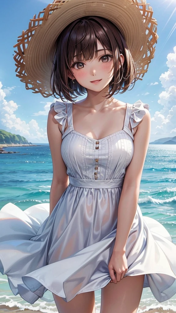 masterpiece、Massive landscape((Mysterious Sea、sand beach))、a beauty girl、huge tit、Silver-haired shorthair、Embroidery on a long dress、Straw hat with floral decoration
