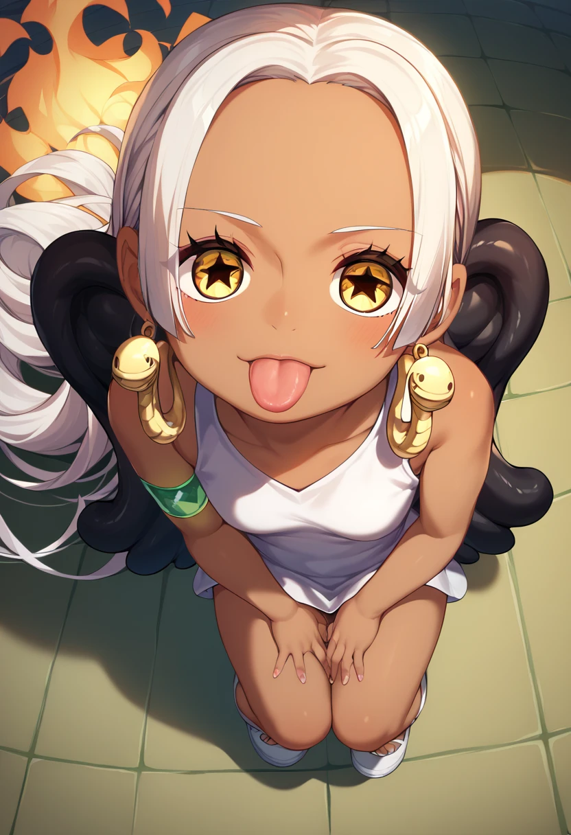 UHD, retina, textured skin, high details, high quality, best quality,  highres icon, 1080P, HD, 16k、1 Girl,Earthsnake , Long Hair, white hair, Brown Skin、,  earrings for a woman alone, Yellow Eyes, symbol-shaped pupils,  black wings  ,  small breasts.  sundress,  white dress,  sleeveless, armlet、 cute、Flames on the back、flat chest、full body、looking up、from above、squatting、 cute、 sexy、Stick one’s tongue out、panties、hand between legs