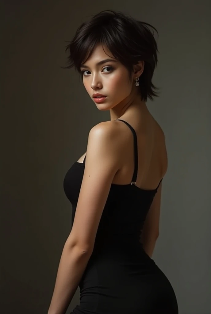 Indian girl with short lob hair, short hair, wearing bodycon dress, full length, black wall in the background,Hyperrealism, natural skin, detailed, photorealisic 