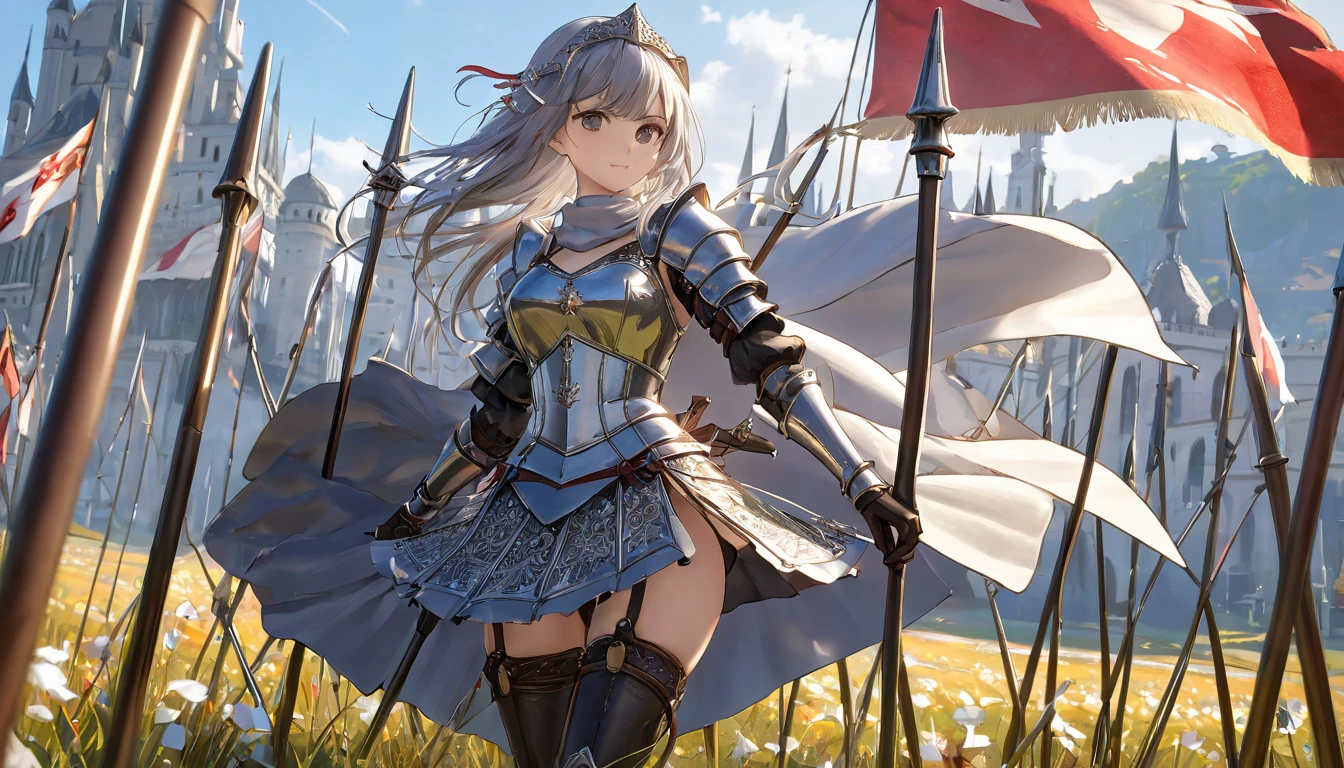 (  Highly detailed CG octane rendering 8K wallpaper with long spears ),   World's Most Beautiful Artwork  ,   Long Spear with a Flag , Complex,   high detail, ８  girl , Silver embroidery,  Medieval Long Cotton Dress （With panniers）, cotton cloth,   raise skirt  , Strong winds, Transparent slip, Translucent Tights  , Peeking from below, Best Quality, Disarray of clothing,   lies down, underwear,   show off your thighs, knight , Skirt lining, Bloomers、Leather Armor、 with a flag attached to a long spear 
