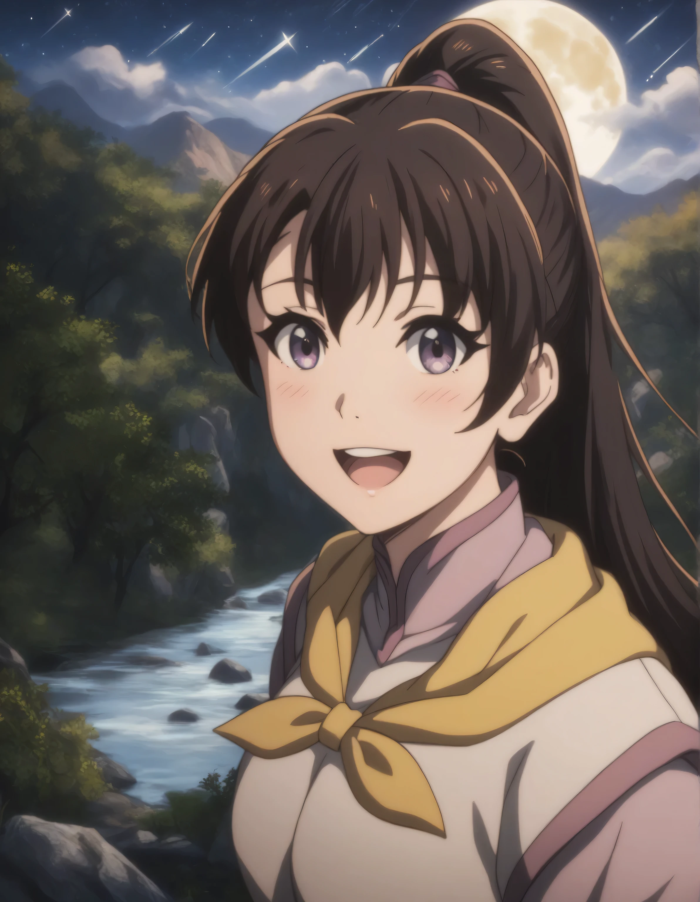 score_9,  score_8_up, score_7_up, gsfghtr, multicolored robe, neckerchief,
cinematic Lighting, 1girl,solo,looking at viewer,blush,smile, open mouth,Valley with Flowing River, moon, shooting stars