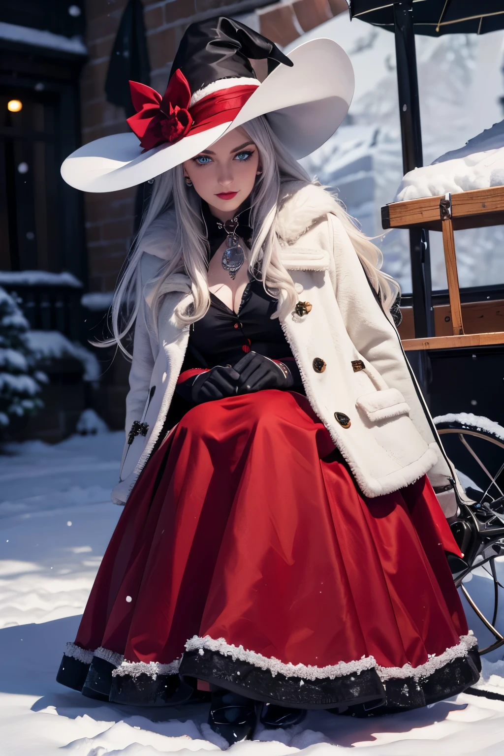 A 30-year-old witch with long gray hair, wearing a red and white hat , black boots , a red skirt and white socks , standing on a winter background , Hold a cart , gloves with a detailed face , beautiful and detailed blue eyes , beautiful and detailed red lips , extremely detailed eyes and face , long lashes, ( best quality ,4K,8k, highres icon,masterpiece:1.2),ultradetailed,(realistic, photorealistic , photorealistic :1.37),HDR,Ultra HD, studio lighting ,ultra-fine painting,sharp focus, Her room , extremely detailed description , Professional, vivid colors ,bokeh effect,Fantasy,portrait, Snow floor , WHITE FUR COAT, Sitting in a carriage, In New York, with a black cat, neve