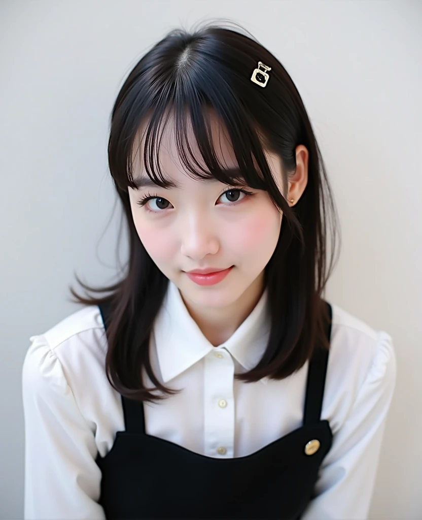 close up face, small smile, (adolescence girl), (petite), (pink detailed frilly dress), beautiful long straight hair, blunt bangs, black hair, A coffee date. Soft lighting envelops the room, and the aroma of freshly brewed coffee fills the air. Two cups and spoons are neatly arranged on the table, and through the window, a glimpse of the outside world can be seen.