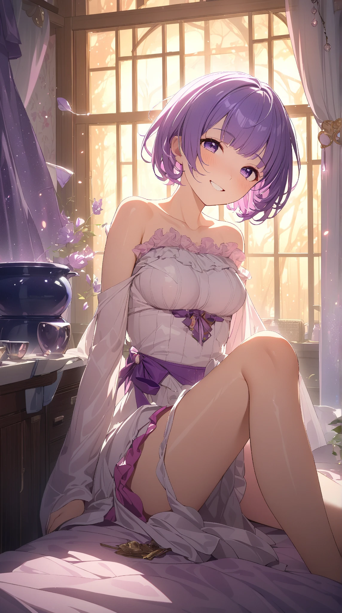 1 girl, messy_meny cakes_background, violet_short_hair, 👠,medium_breast, ((fantastic)), cute, whipped cream on the mouth, fantastic_in a room,niji style ,flower, covering, beautiful_blue_eyes