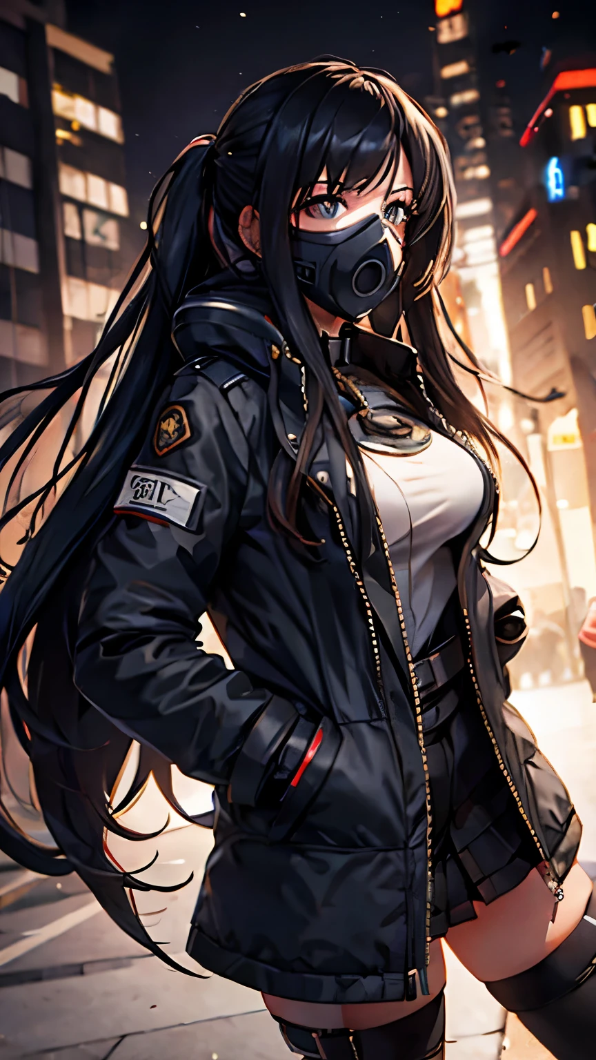 1girl, long hair, gasmask, busty, jacket