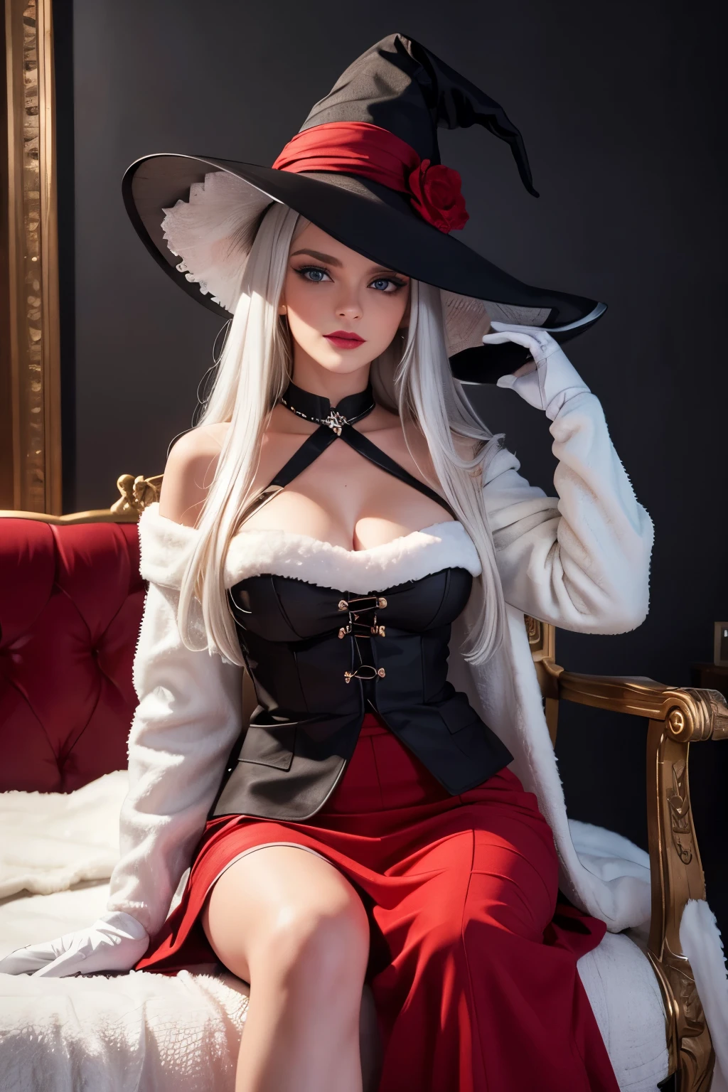 A 30-year-old witch with long gray hair, wearing a red and white hat , black boots , a red skirt and white socks , standing on a winter background , Hold a cart , gloves with a detailed face , beautiful and detailed blue eyes , beautiful and detailed red lips , extremely detailed eyes and face , long lashes, ( best quality ,4K,8k, highres icon,masterpiece:1.2),ultradetailed,(realistic, photorealistic , photorealistic :1.37),HDR,Ultra HD, studio lighting ,ultra-fine painting,sharp focus, Her room , extremely detailed description , Professional, vivid colors ,bokeh effect,Fantasy,portrait, Snow floor , WHITE FUR COAT, Sitting in a carriage, In New York, with a black cat, neve