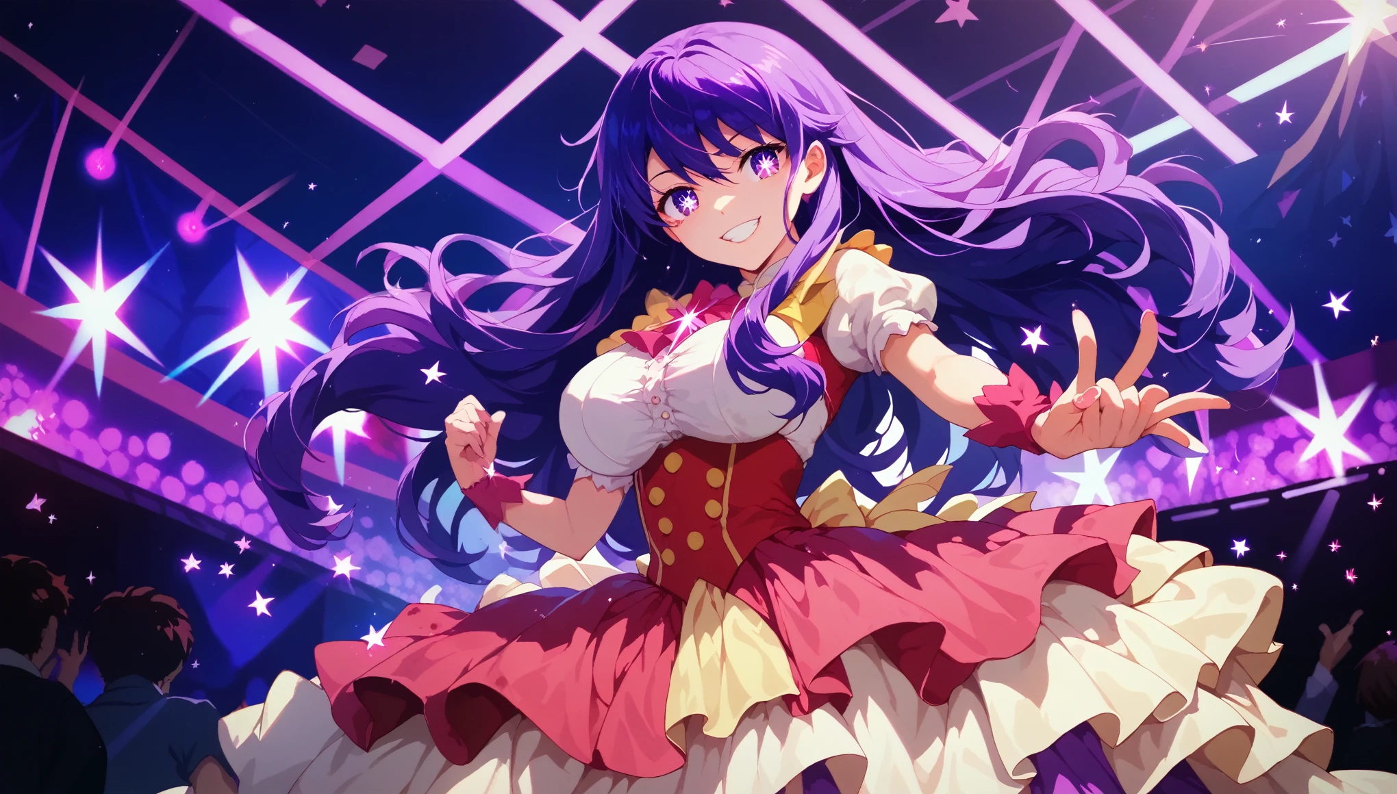(( stain)), (( Masterpiece )), (Familiar with), Perfect Face, eyelash , (oshi no ko), (Hoshino Ai), Magic Girl Dress , ( without skirt ), background, Concert Stage , Long hair, Purple hair, Red Hair Highlight , Purple eyes, Six-pointed star-shaped pupil, Multicolored eyes, Large breasts , smile, fun