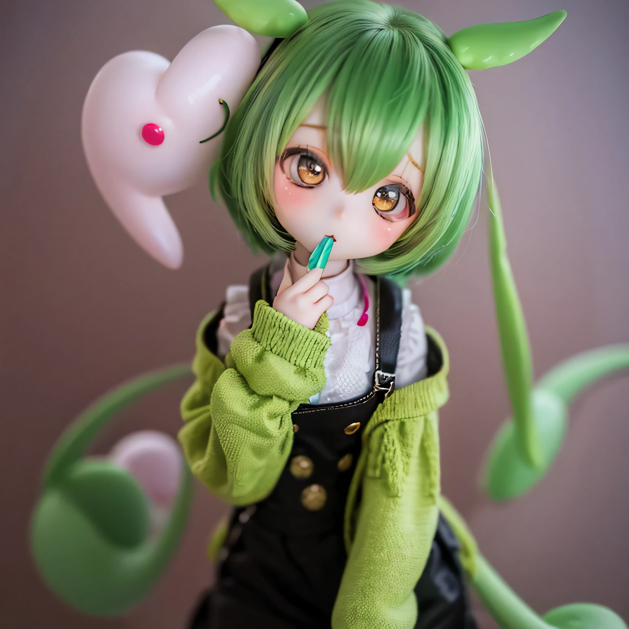   chibi style, Cute green-haired Zundamon girl posing and eating sweets  ,   Big Eyes, Detailed Features,  cute expression ,  Pastel,  soft writing,  Fantasy Style , 8k,  High Quality , Super detailed, Realistic, photoRealistic