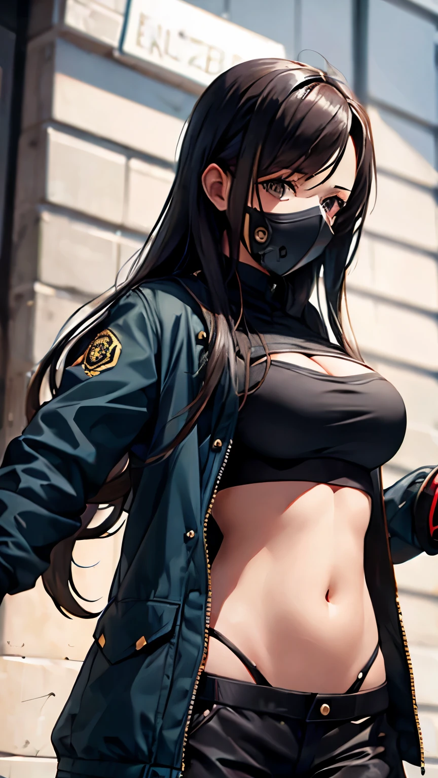 1girl, long hair, gasmask, busty, jacket, midriff