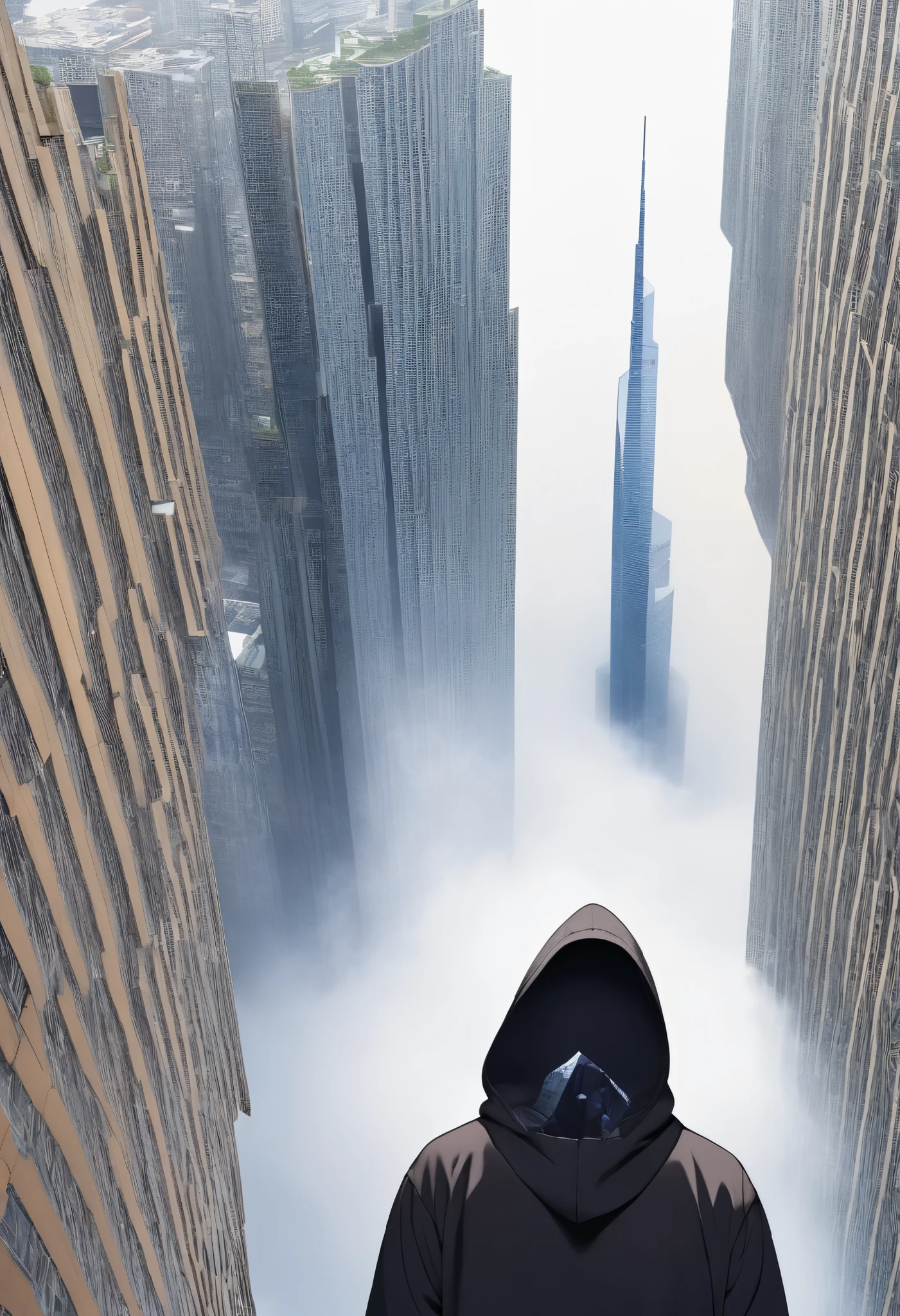 Man's falling skyscraper hoodie face is hidden