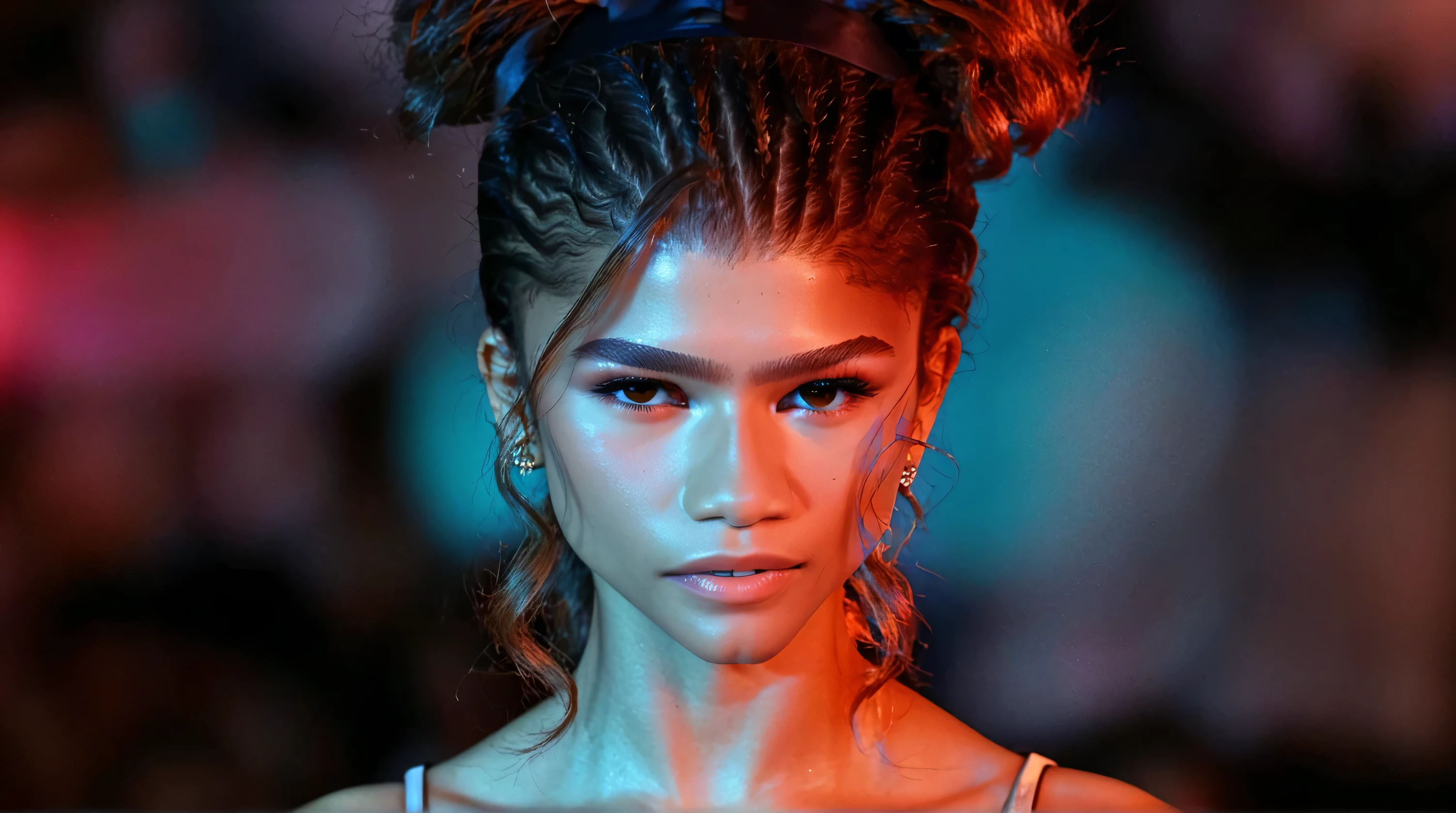 (zendaya:.4), (32k:1.5, Highest quality, masterpiece, Ultra-high resolution), Professional camera work:1.6, Highly detailed skin and face textures:1.3, Captivating portrait:1.2, Very accurate, Very detailed, 1 adult female, Incredibly slim body, sense of loss, Sadness, Expressions of sadness, Small face, (()), (medium shot), 