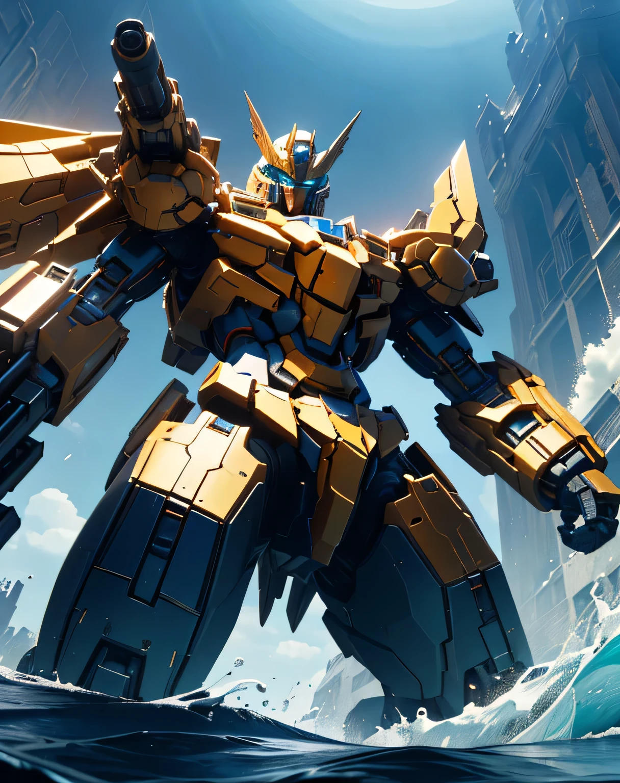 ((seaを割って現れる)), ((masterpiece, Best Quality)), (( dynamic movement,  holding a gun with my arm raised)), (giant golden robot, Blue Chest, angular armor), ( rendered in Unreal Engine 5 , Black Octane Rendering, Super detailed with octane rendering ,  rendered with 8K Unreal Engine ,  rendered with Unreal Engine 6 ,  high detail iconic characters ,   8k octane rendering photorealistic,  Unreal Engine 5 Render ,  rendered in Unreal Engine 5 , Detailed images, Ultra-precision), metallic, My eyes are glowing green, ((sea, Wave, Lots of water splashes: 1.5, Multiple spherical flying objects )), (from below: 2.0, straight-on: 2.0), EdobLandscapeAlpha, (32K,  Ultra High Definition), Nijimecha, Symmetrical head , (view from front),  don't look at me, ((absract art)), I'm holding a huge gun