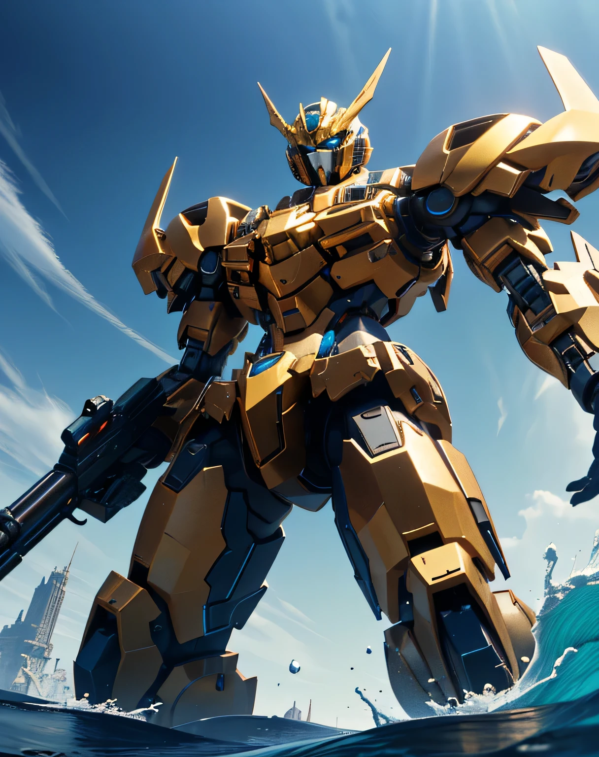 ((seaを割って現れる)), ((masterpiece, Best Quality)), (( dynamic movement,  holding a gun with my arm raised)), (giant golden robot, Blue Chest, angular armor), ( rendered in Unreal Engine 5 , Black Octane Rendering, Super detailed with octane rendering ,  rendered with 8K Unreal Engine ,  rendered with Unreal Engine 6 ,  high detail iconic characters ,   8k octane rendering photorealistic,  Unreal Engine 5 Render ,  rendered in Unreal Engine 5 , Detailed images, Ultra-precision), metallic, My eyes are glowing green, ((sea, Wave, Lots of water splashes: 1.5, Multiple spherical flying objects )), (from below: 2.0, straight-on: 2.0), EdobLandscapeAlpha, (32K,  Ultra High Definition), Nijimecha, Symmetrical head , (view from front),  don't look at me, ((absract art)), I'm holding a huge gun