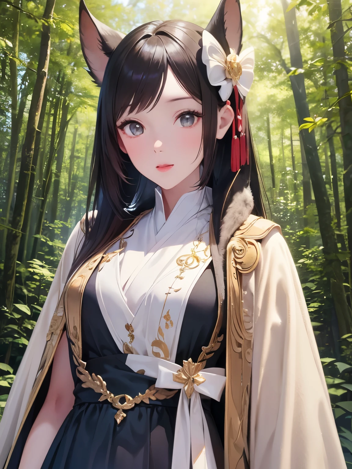  ，Good figure， emphasizes body curves ，Clear facial features，Details of holding a bow，The overall style is dreamy， The background is an ancient forest ， tall and dense trees ， the sun shines through the leaves, casting mottled light and shadows ，