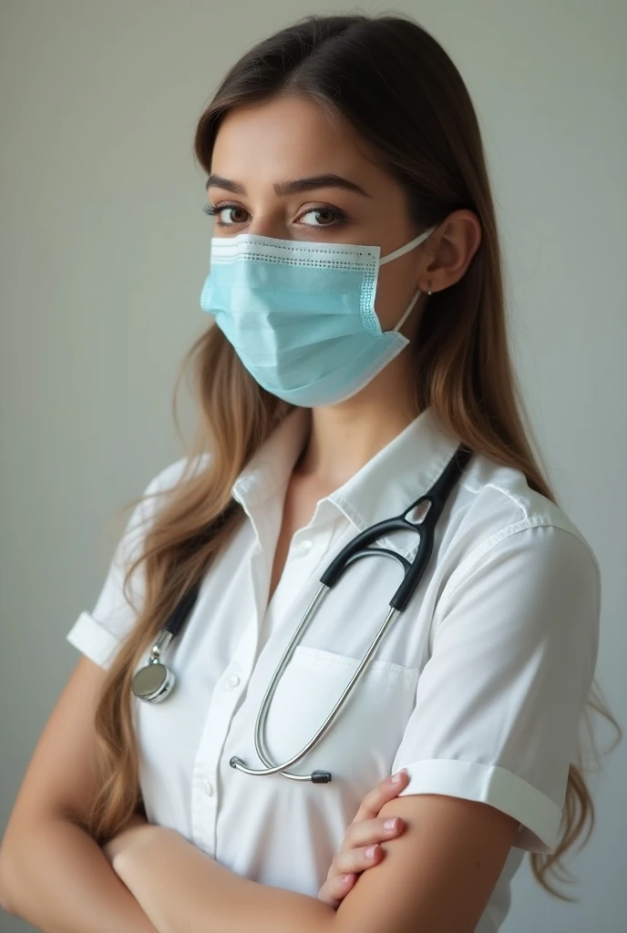 Girl in the uniform of a Russian nurse, Wearing a mask.