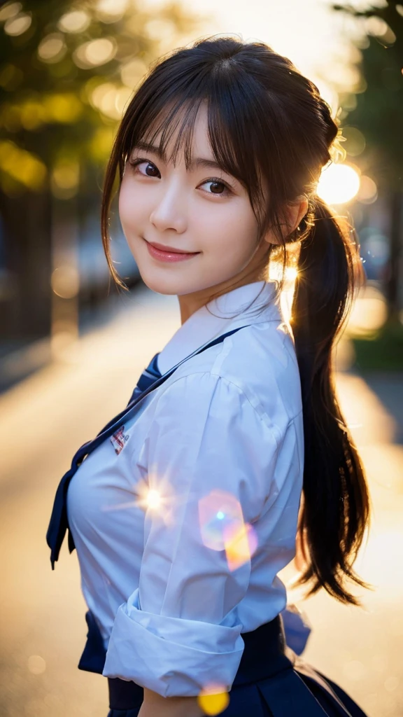 (Highest quality,masterpiece:1.3,Ultra-high resolution),(Very detailed,Caustics,8k),(Realistic:1.4,RAW shooting),1 girl,(Smiling and looking down at the camera),(Front shot:1.1),(Look forward),18-year-old,cute,Japanese,Black short ponytail,school uniform,glamorous,(Big Breasts),( close),(breast focus),street,sunlight,Natural light,(Backlight),(A bright light shines from behind),(Lens flare),Professional Writing,(Cowboy Shot),(Low position:1.3),(Low Angle:1.3)